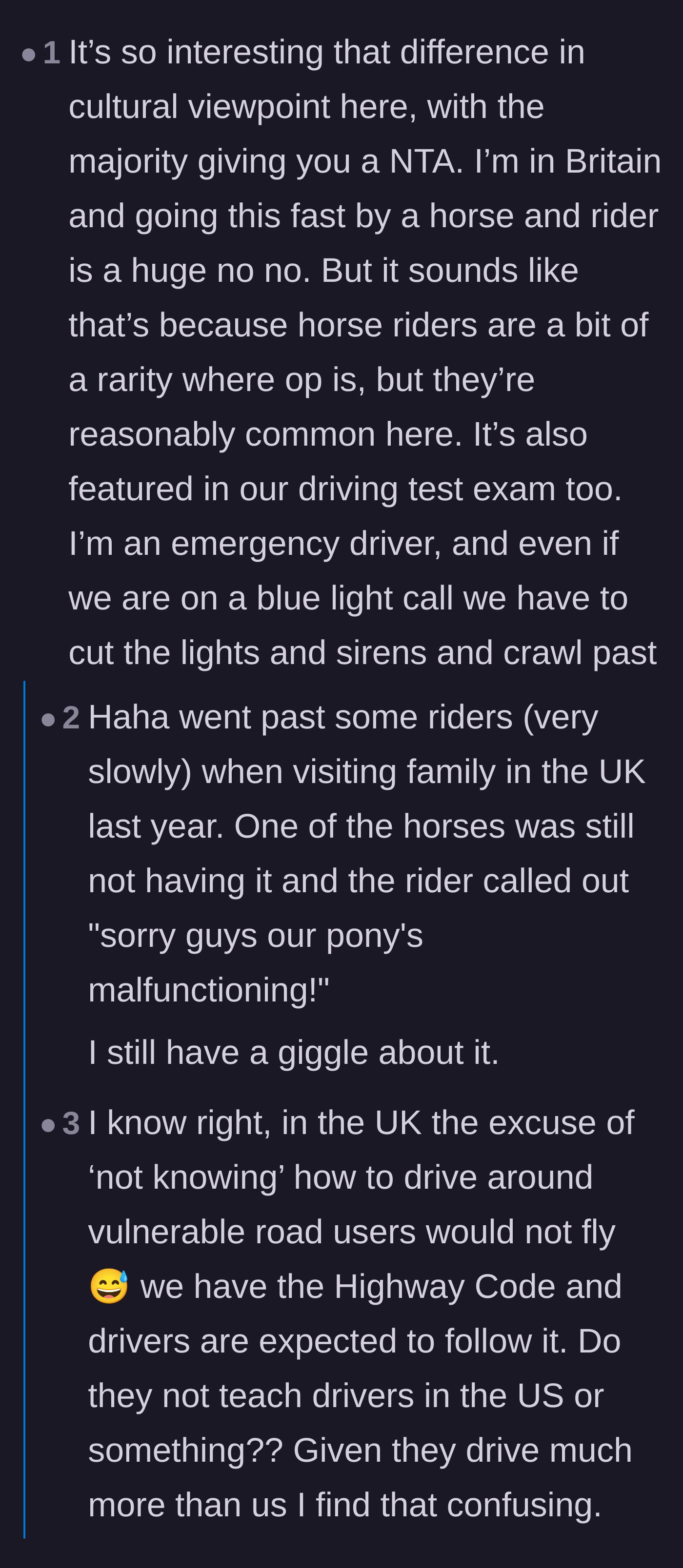 Comment thread 3 - A discussion highlighting the cultural driving differences between the UK and the US regarding horses.