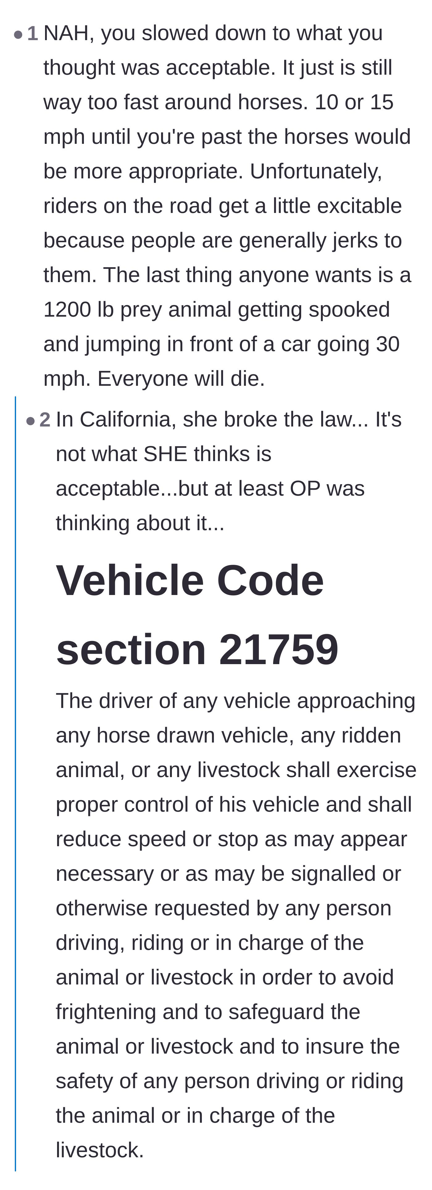 Comment thread 4 - Commenters citing and debating a specific vehicle code regarding approaching ridden animals.