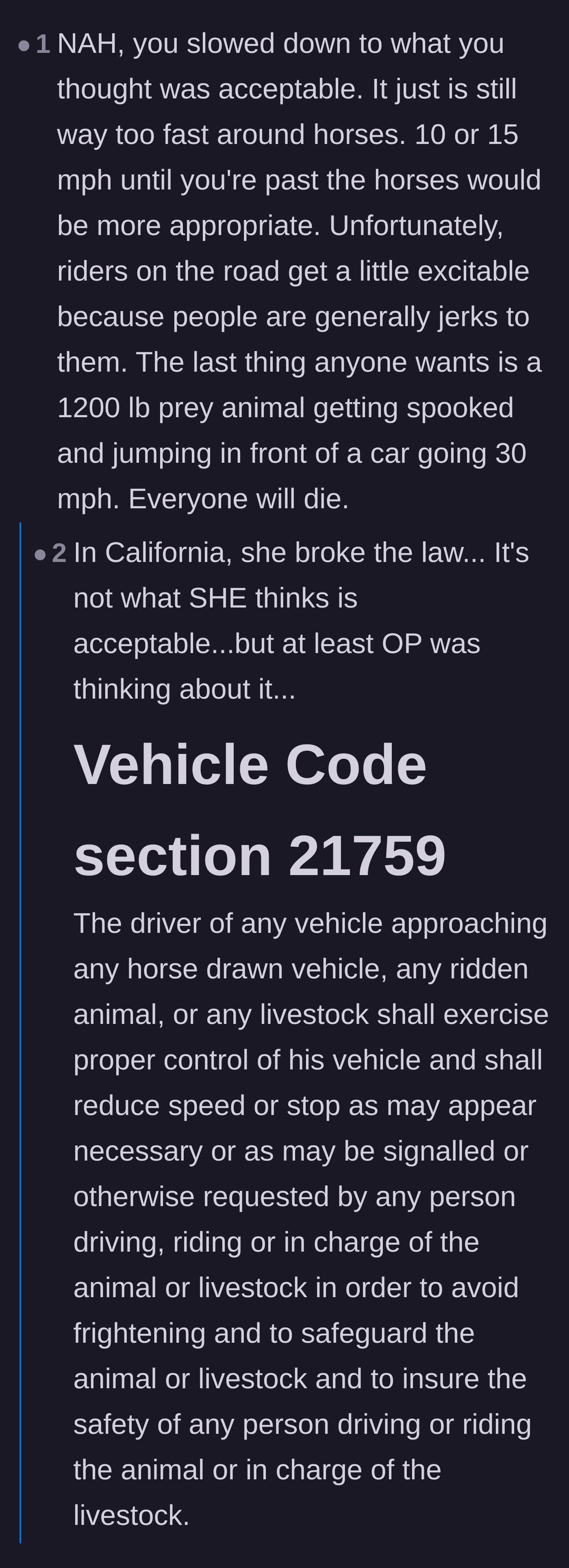 Comment thread 4 - Commenters citing and debating a specific vehicle code regarding approaching ridden animals.