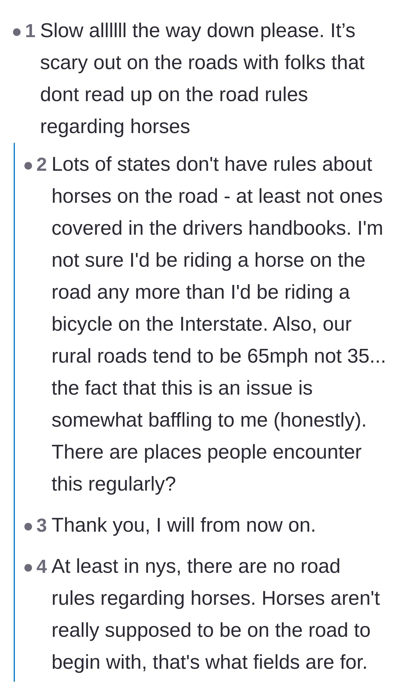 Comment thread 5 - A conversation about the varying state laws and practical realities of encountering horses and Amish buggies.