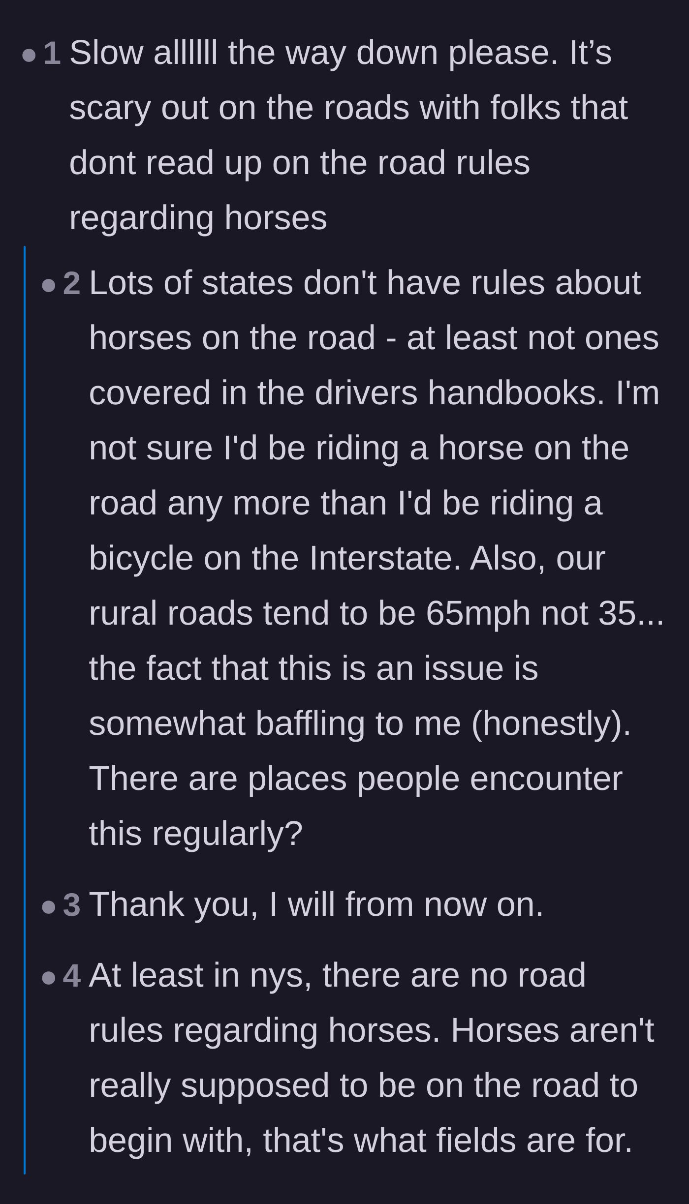 Comment thread 5 - A conversation about the varying state laws and practical realities of encountering horses and Amish buggies.