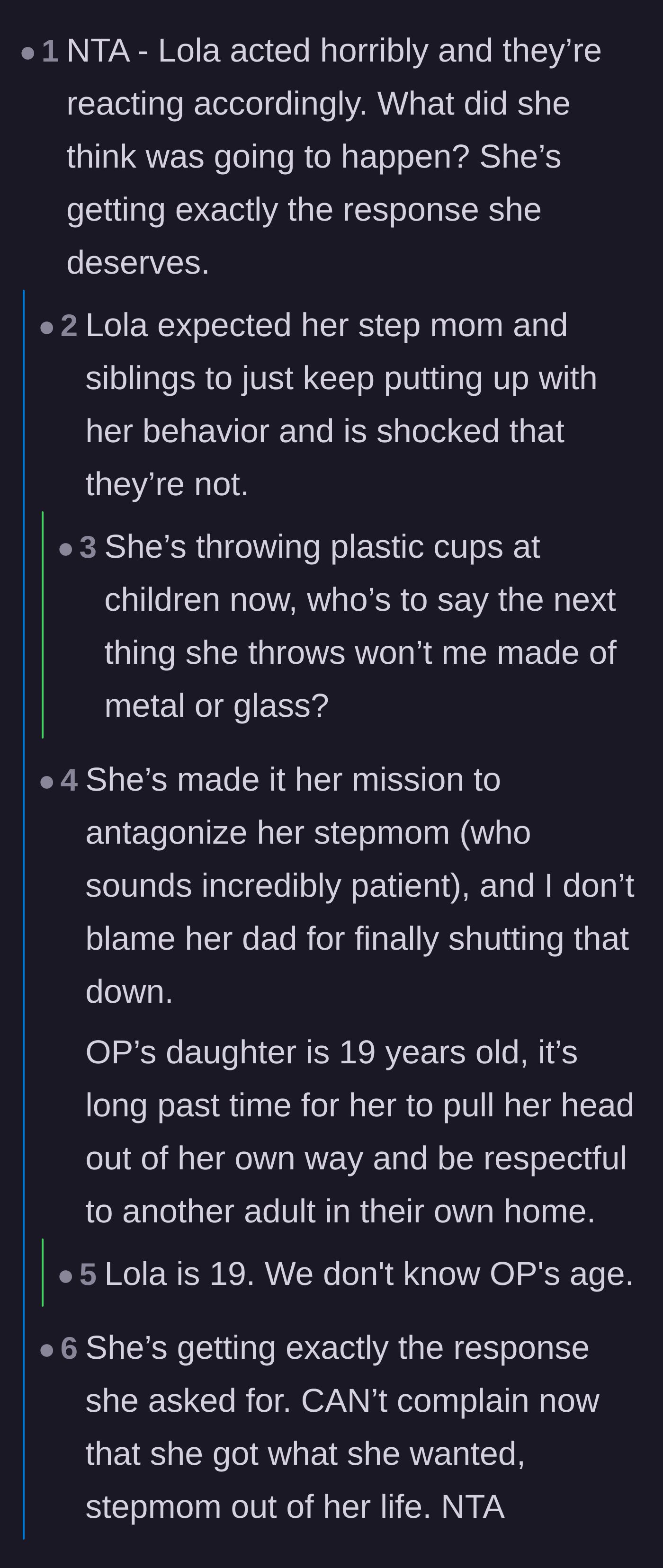 Comment thread 1 - Readers discussing how the stepmom's patience finally ran out and Lola getting the consequences she deserves