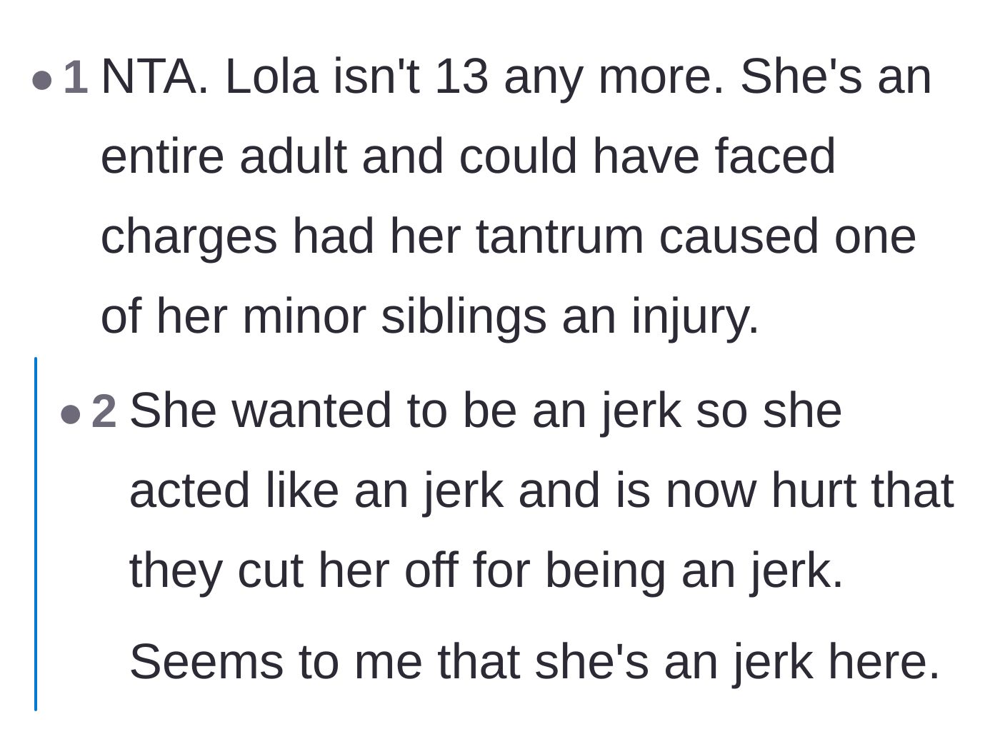 Comment thread 2 - A discussion highlighting that Lola is a legal adult whose violent tantrum could have resulted in criminal charges