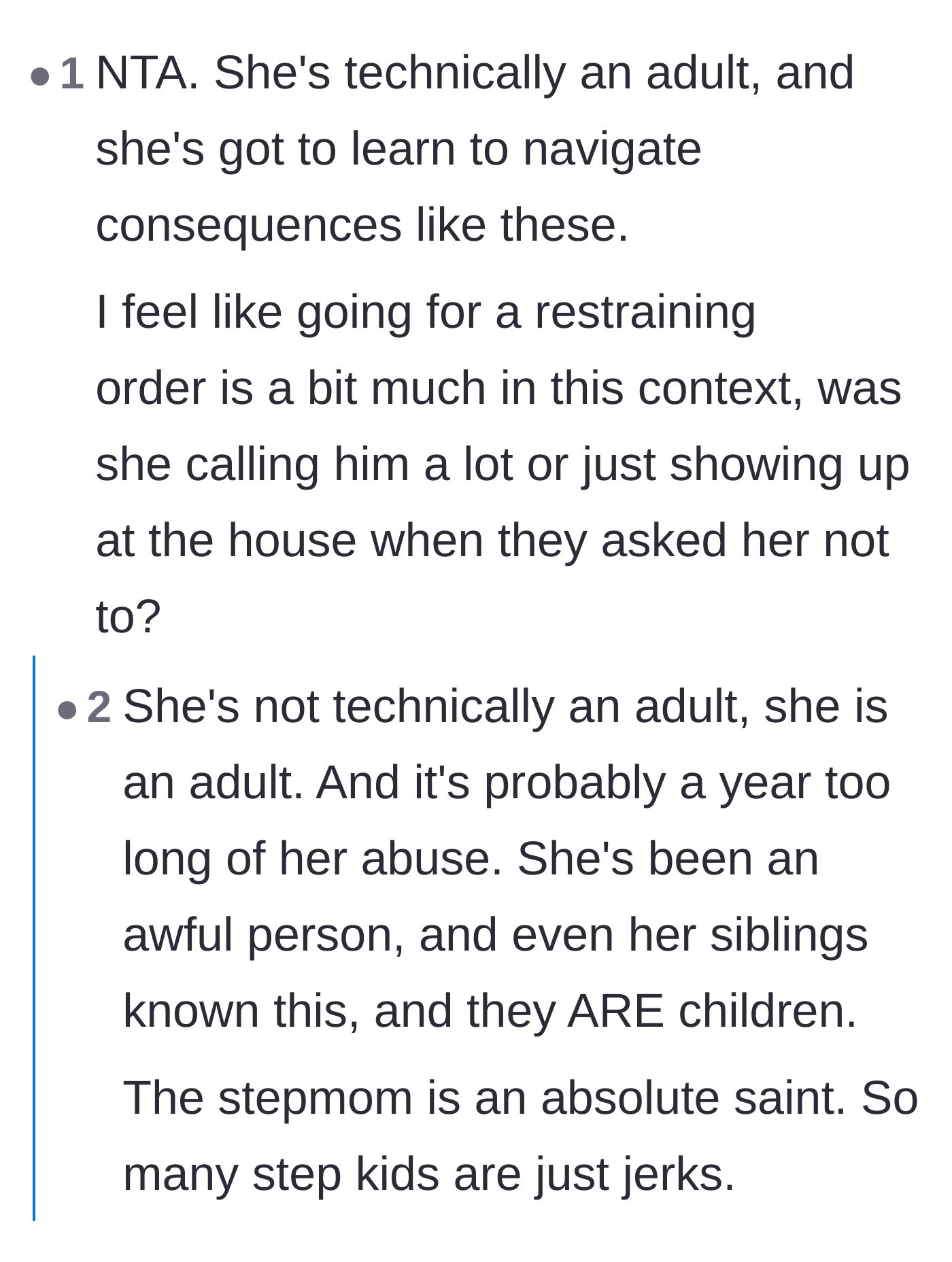Comment thread 3 - Commenters debating the necessity of the restraining order while ultimately defending the stepmom's saint-like patience