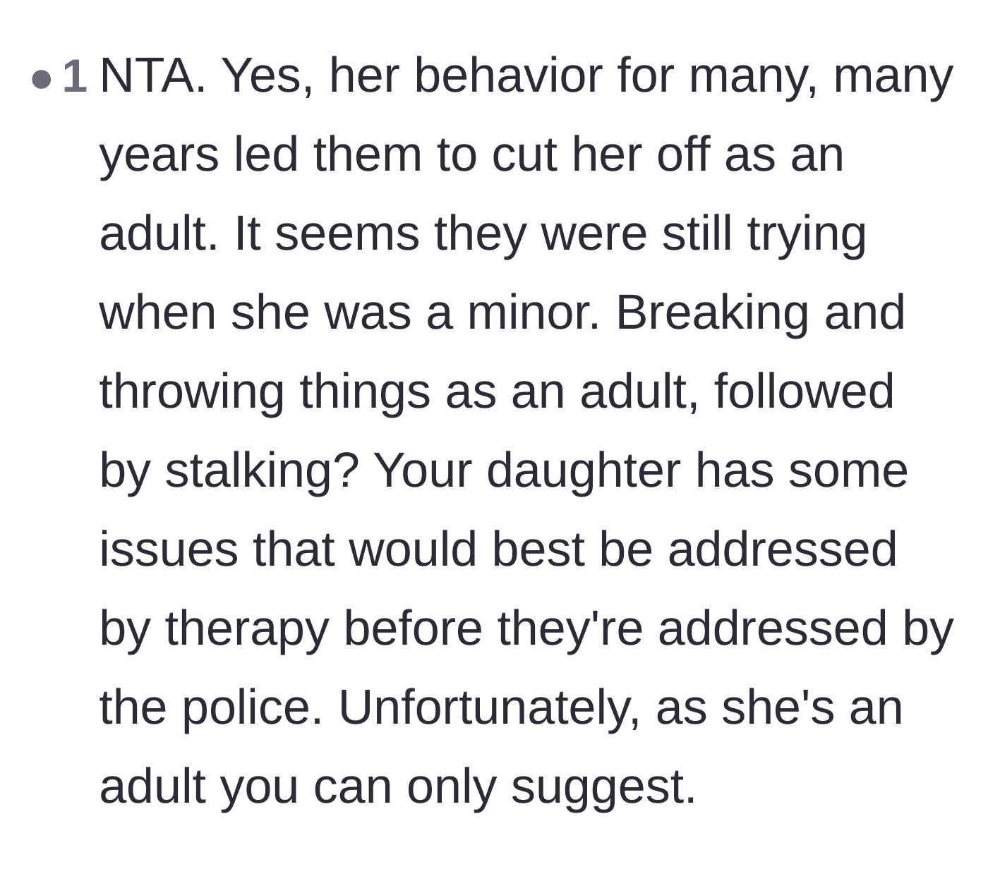 Comment thread 5 - Advice urging therapy for Lola's escalating behavior before her actions lead to police intervention