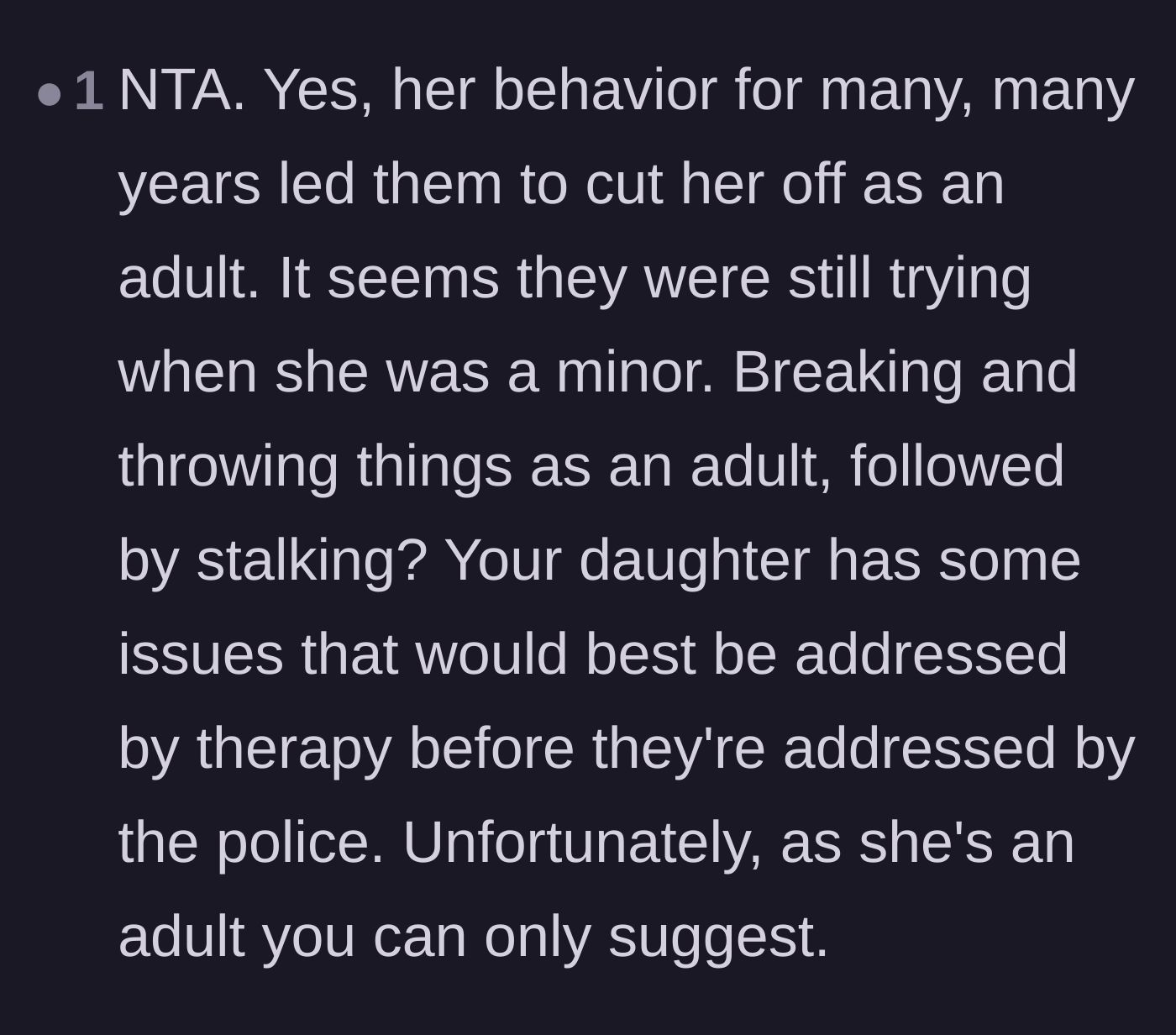Comment thread 5 - Advice urging therapy for Lola's escalating behavior before her actions lead to police intervention