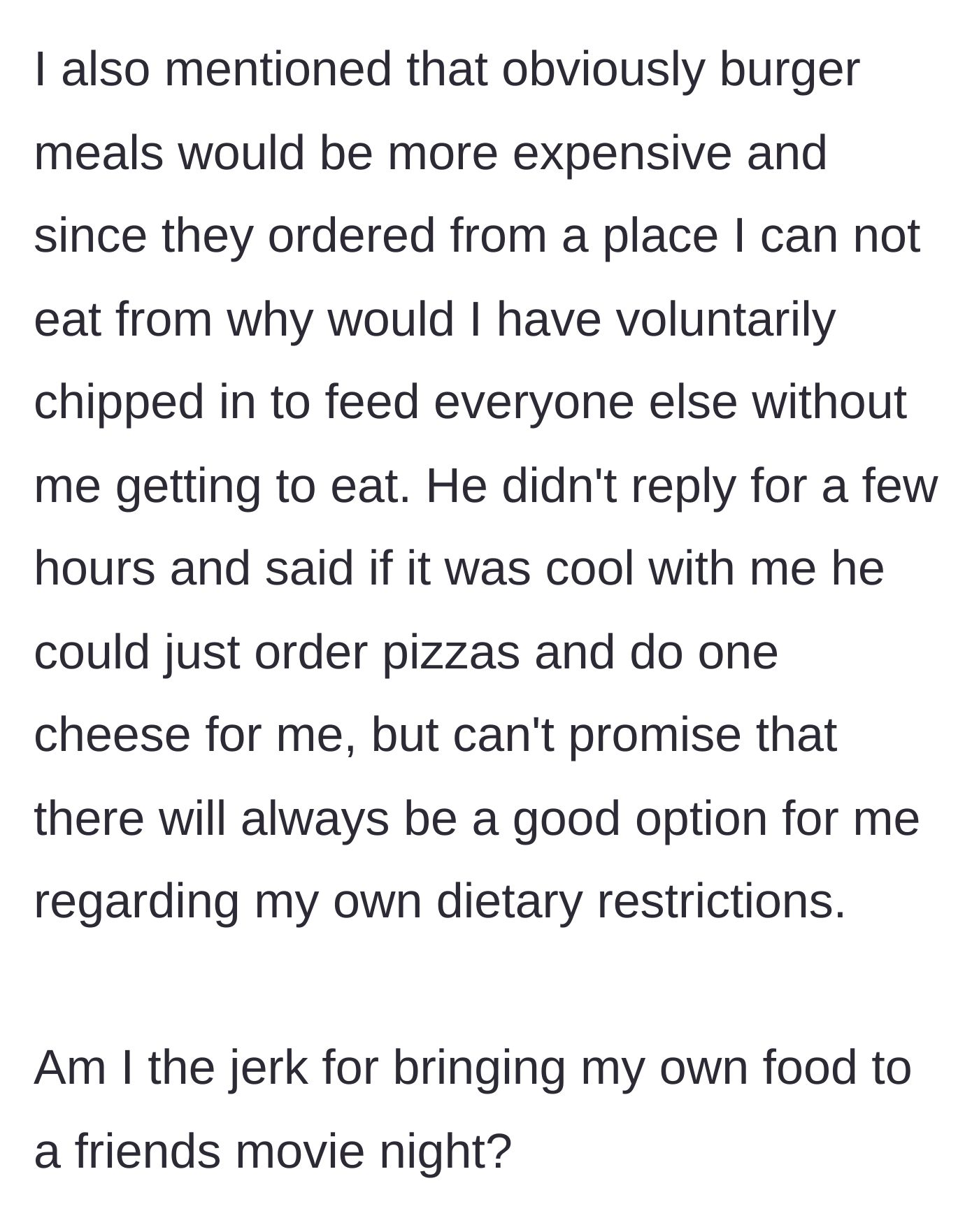Story part 8 - Calling out the hypocrisy of sitting there hungry and negotiating a cheese pizza compromise.
