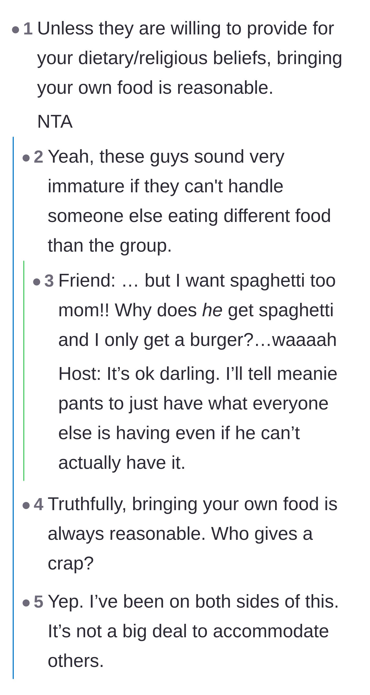 Comment thread 2 - Commenters pointing out how immature the friend group is acting over someone eating different food.