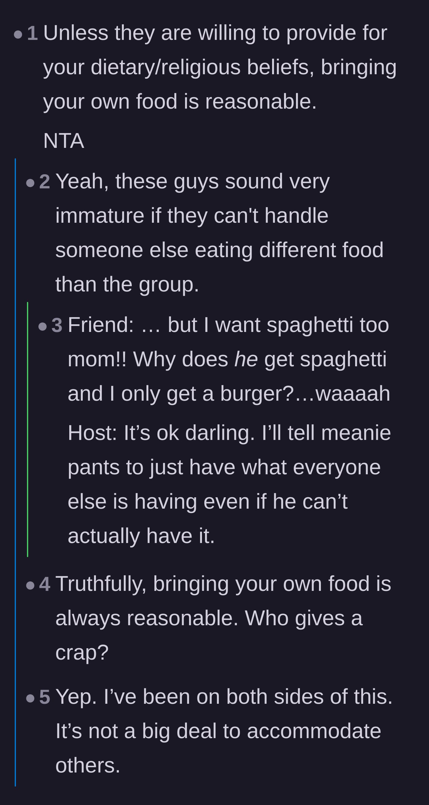 Comment thread 2 - Commenters pointing out how immature the friend group is acting over someone eating different food.