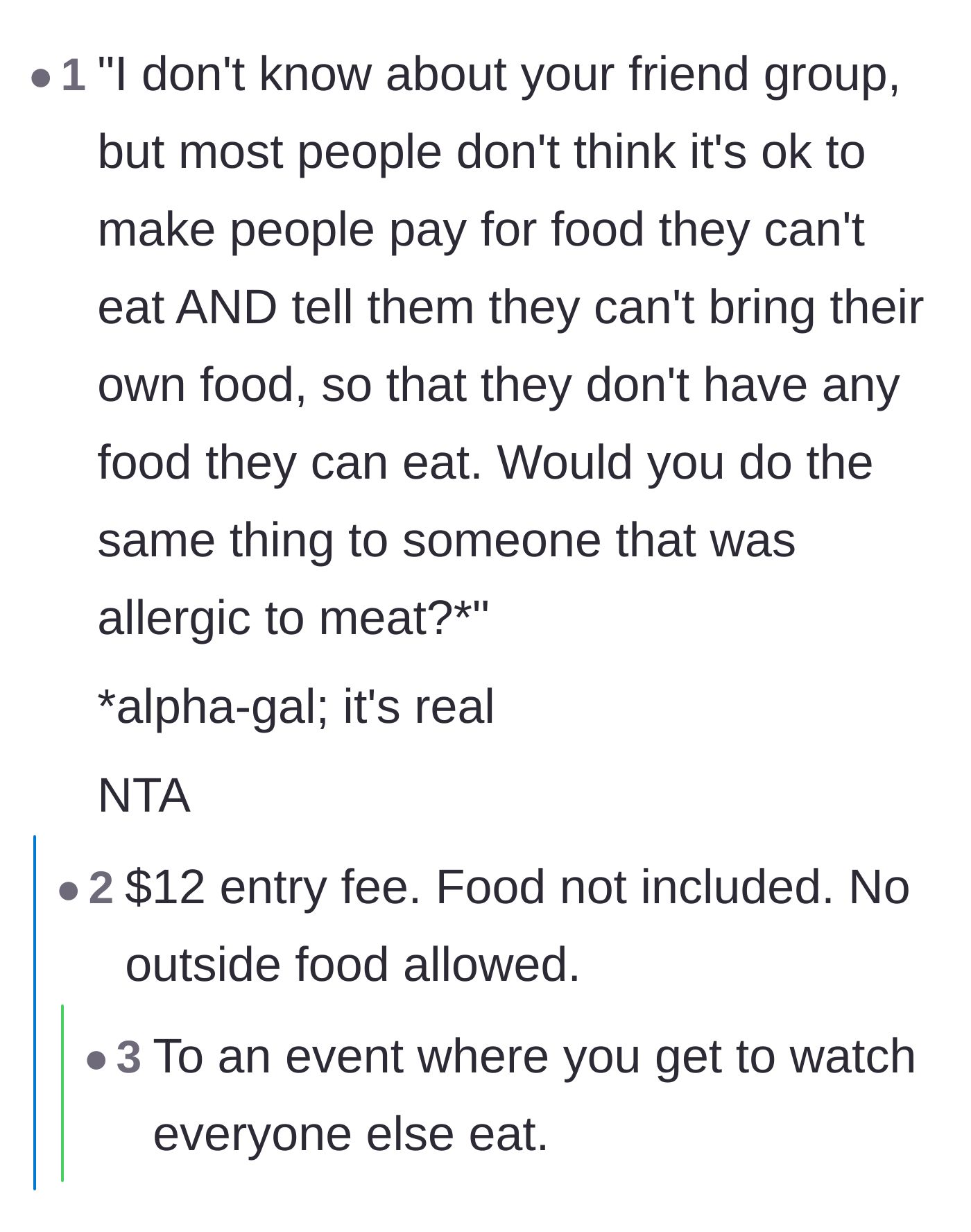 Comment thread 5 - A sarcastic summary of the host charging a $12 entry fee with no food included.