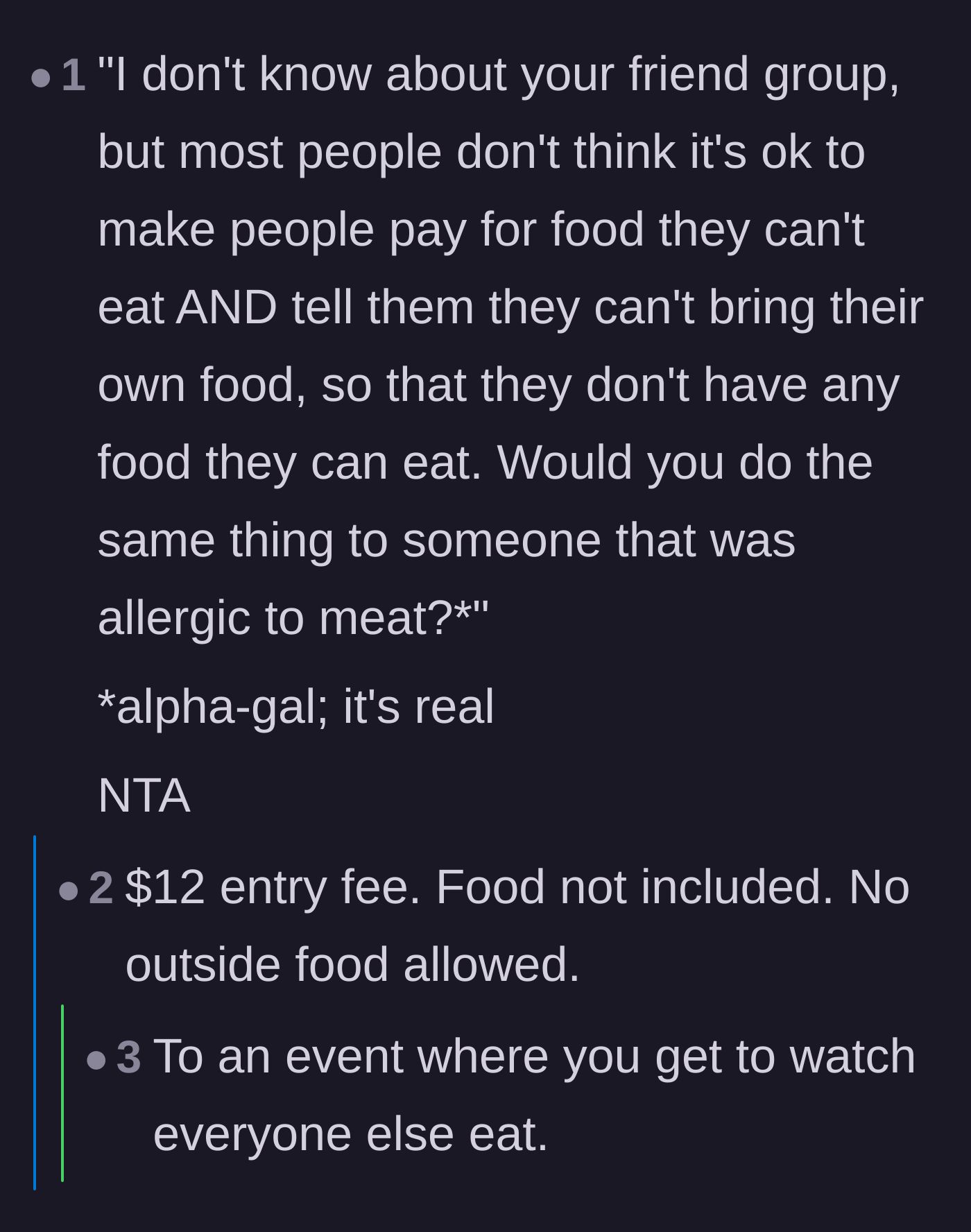 Comment thread 5 - A sarcastic summary of the host charging a $12 entry fee with no food included.