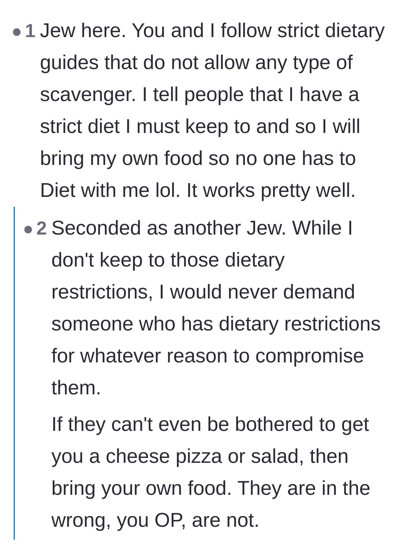 Comment thread 6 - Jewish commenters finding solidarity in dietary restrictions and praising the main character's maturity.