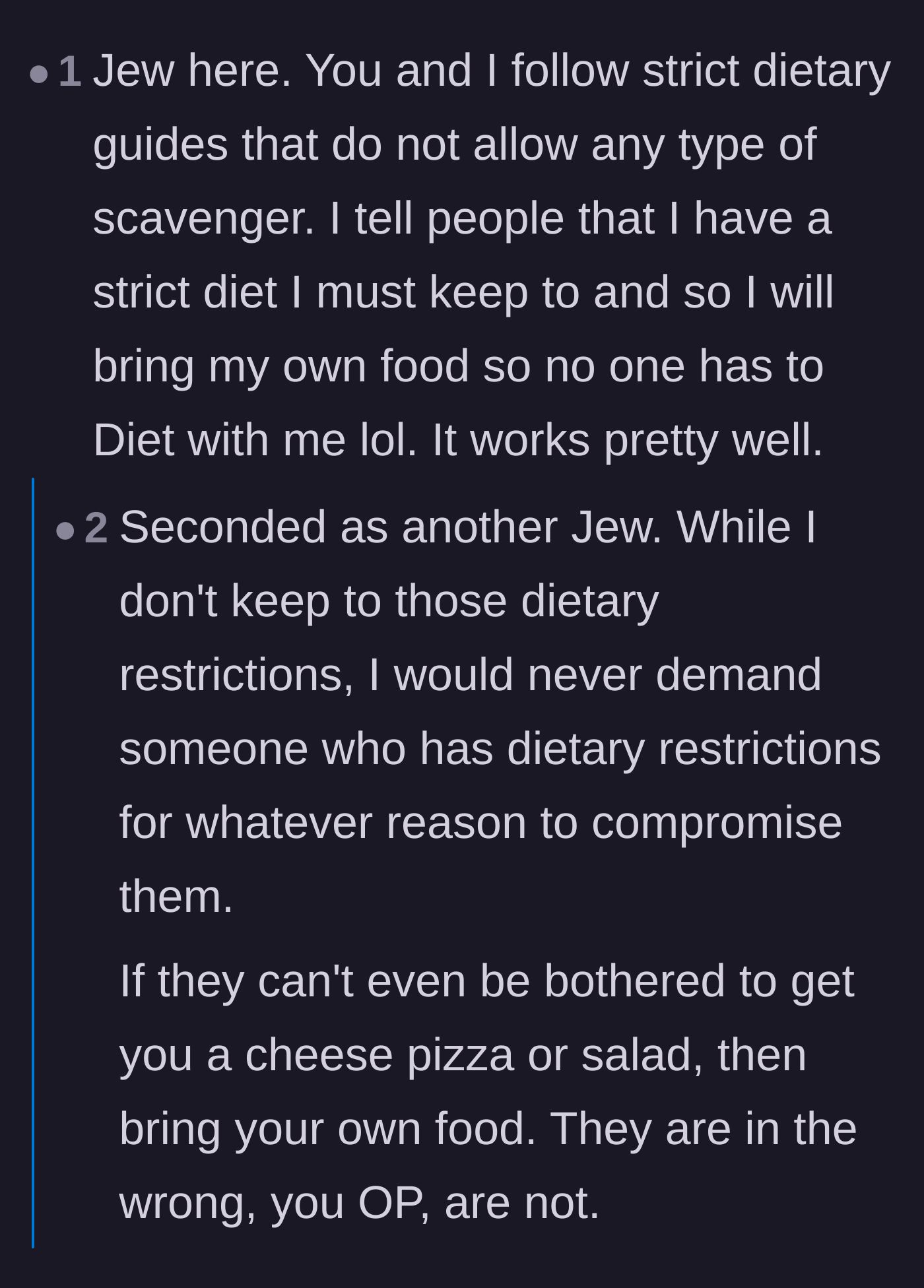 Comment thread 6 - Jewish commenters finding solidarity in dietary restrictions and praising the main character's maturity.
