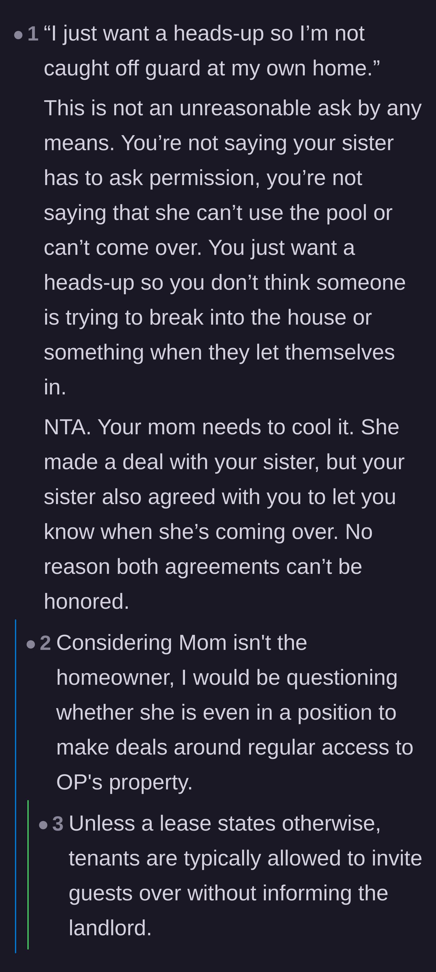Comment thread 2 - Debating the mom's legal right to grant open access and how basic roommate courtesy works.