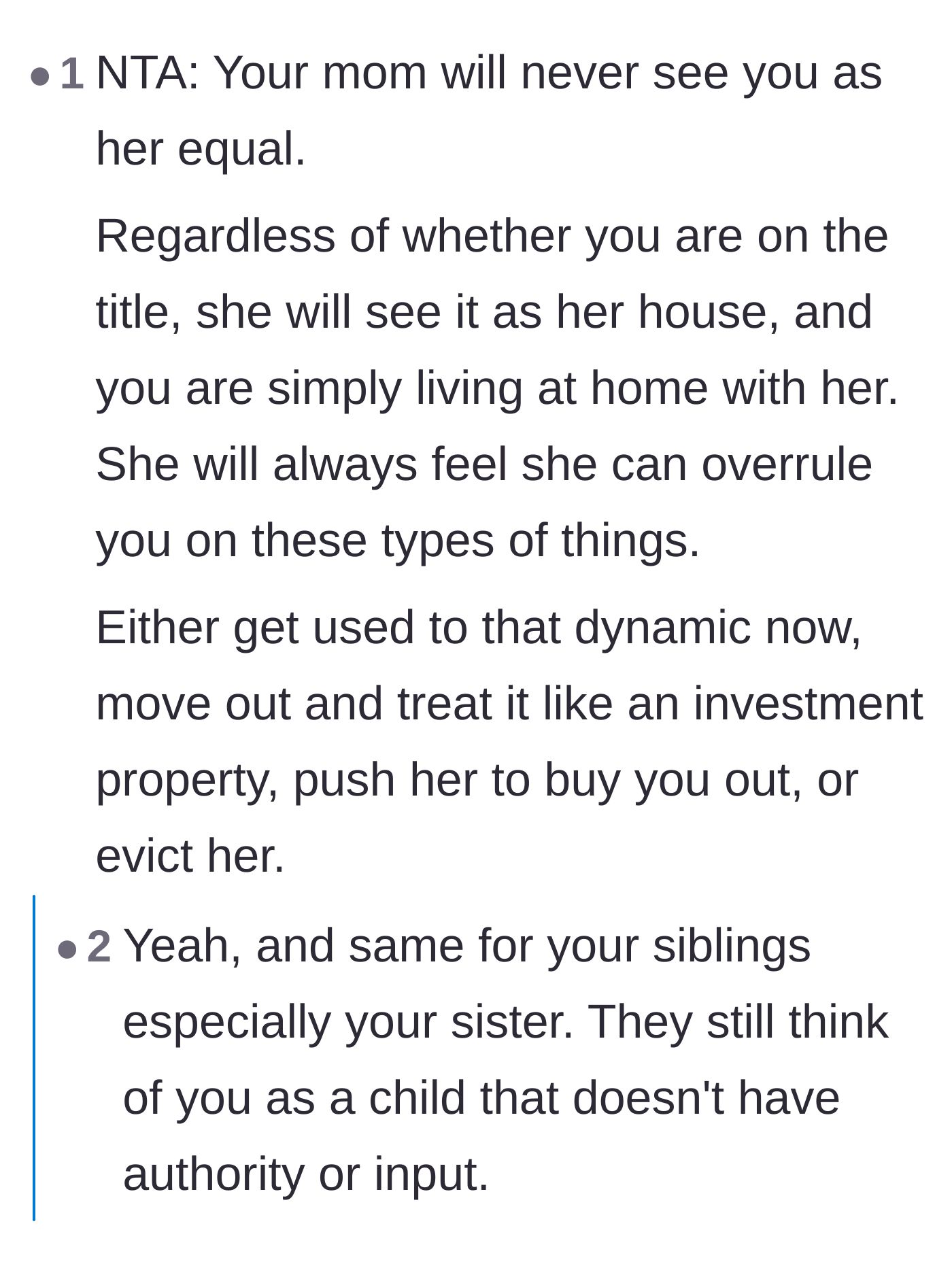 Comment thread 6 - Pointing out that the family will never see the 21-year-old as an equal adult homeowner.
