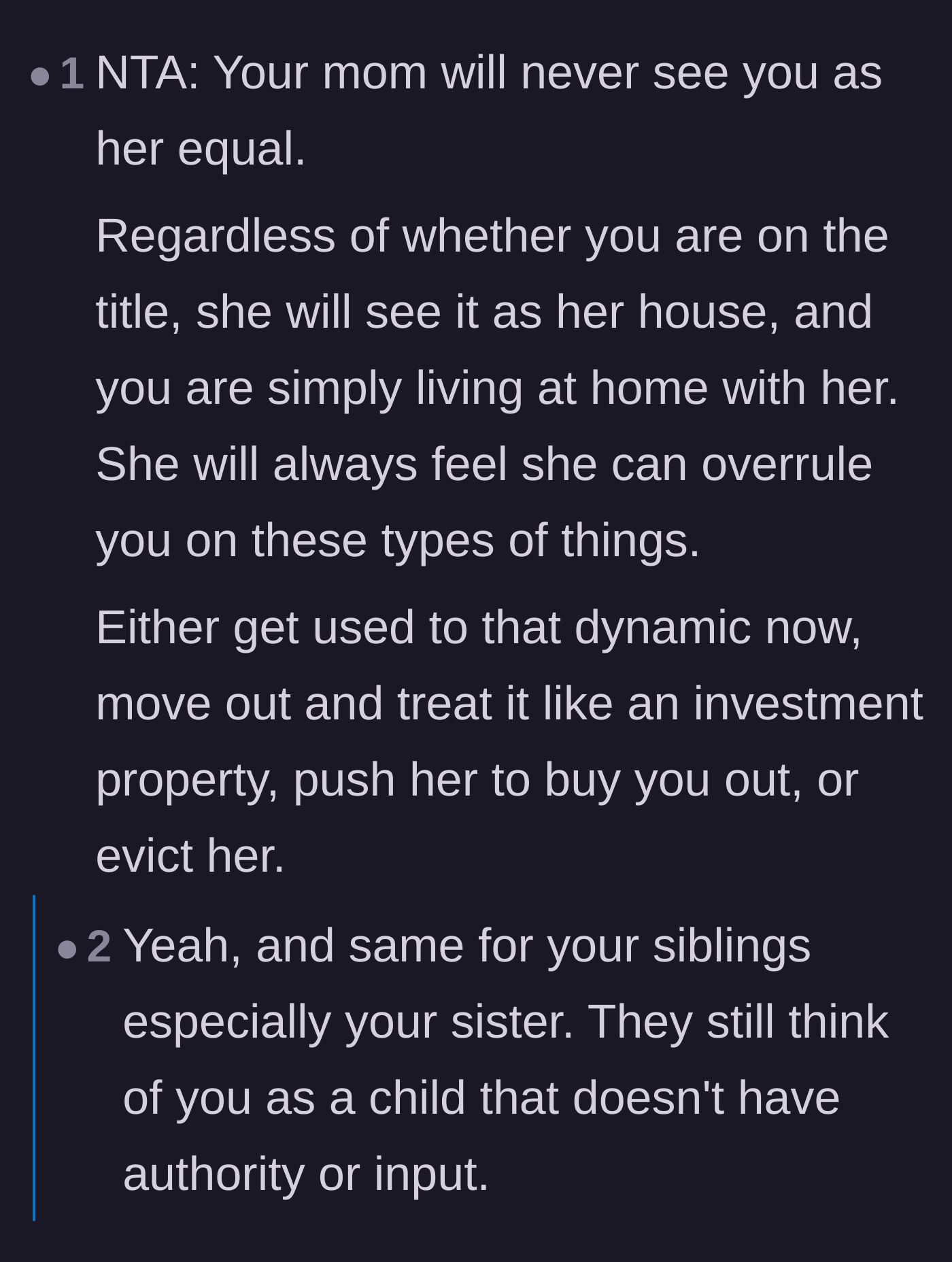 Comment thread 6 - Pointing out that the family will never see the 21-year-old as an equal adult homeowner.