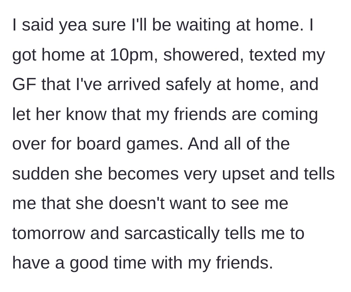 Story part 3 - The boyfriend texts his girlfriend the plan, and she immediately throws a sarcastic tantrum.