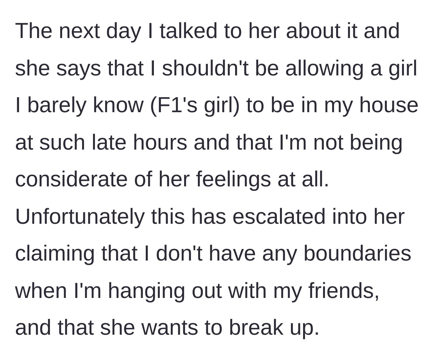 Story part 4 - The girlfriend threatens to break up over the presence of a female guest.
