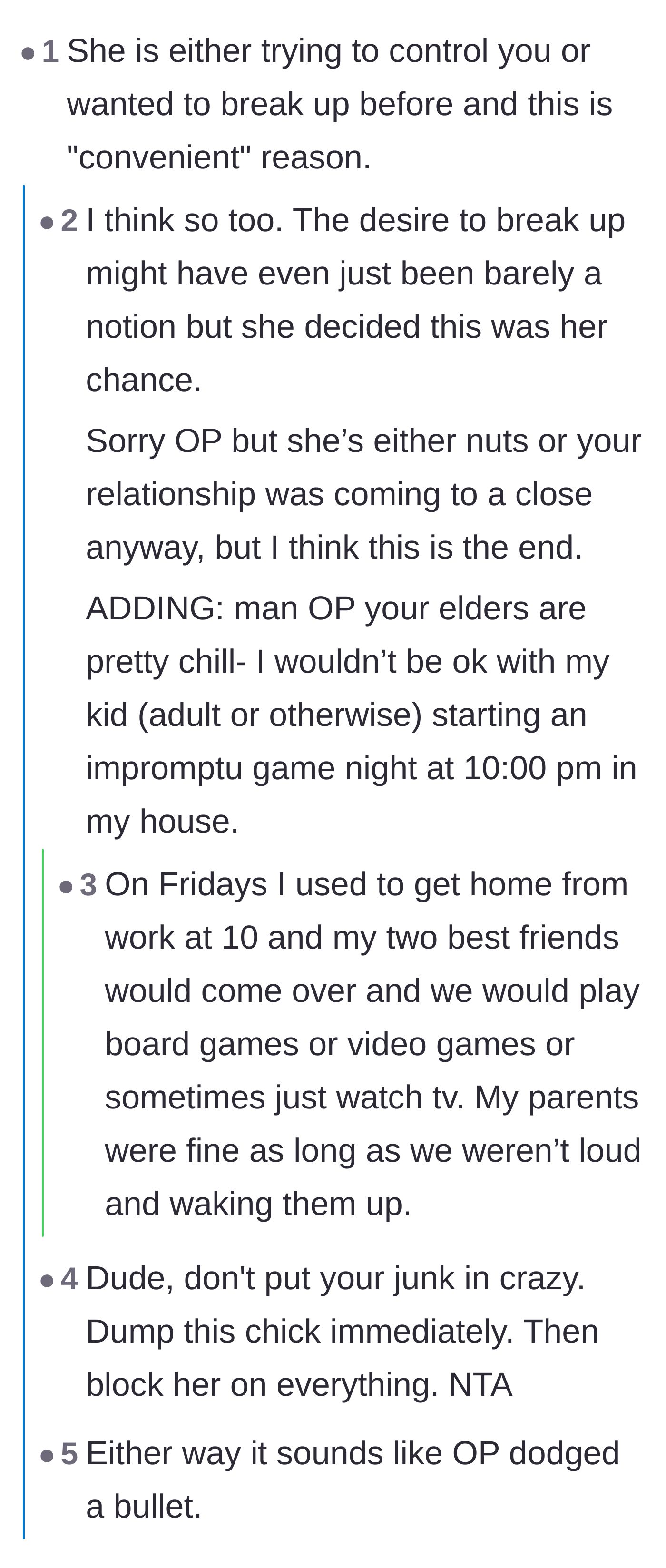 Comment thread 1 - Readers debating if she was looking for a convenient excuse to break up or is just incredibly controlling.