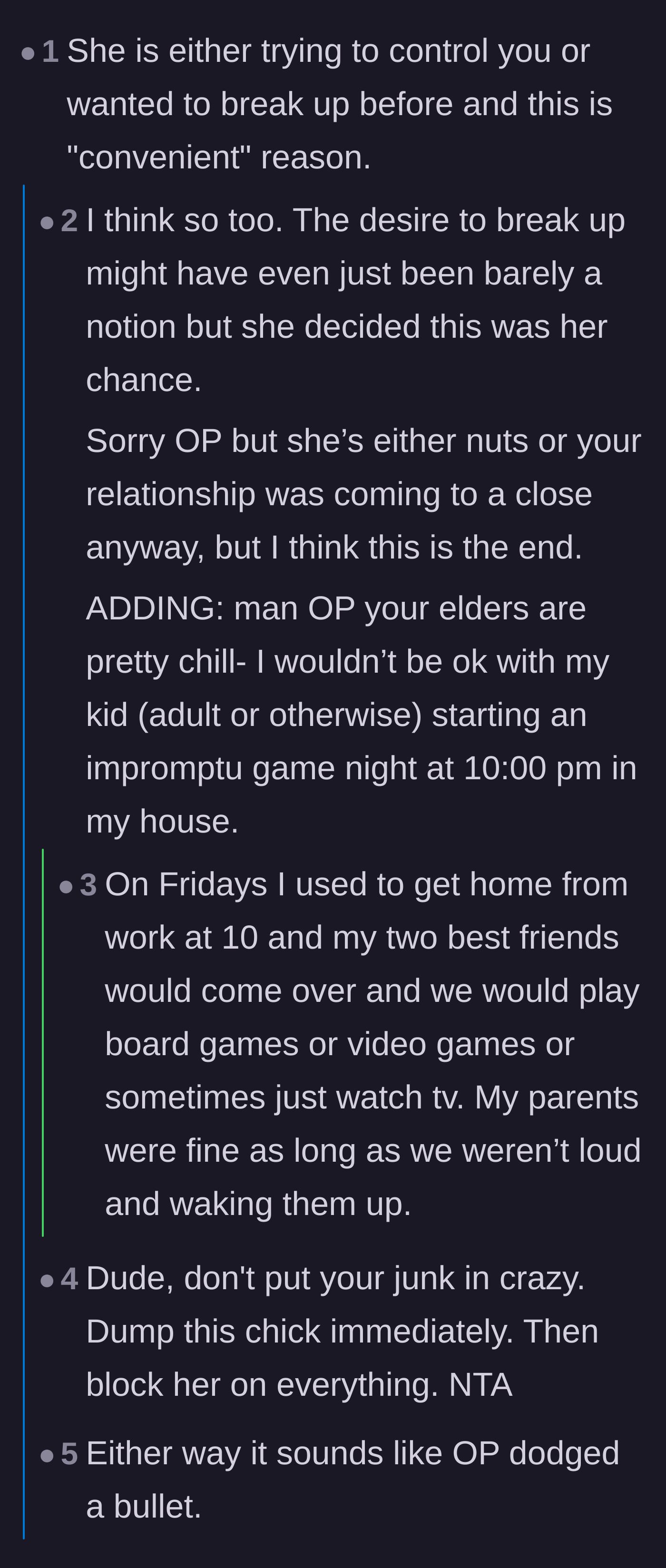 Comment thread 1 - Readers debating if she was looking for a convenient excuse to break up or is just incredibly controlling.