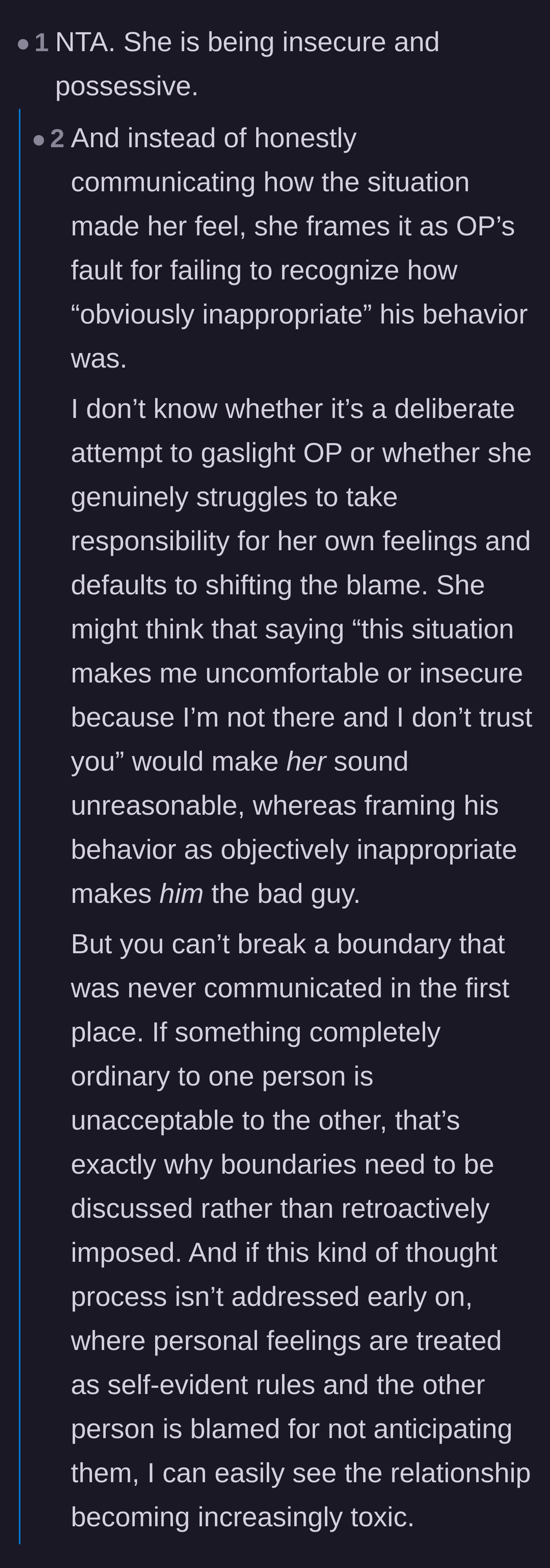 Comment thread 3 - A deep dive into how she weaponized her own insecurity and shifted the blame onto him.