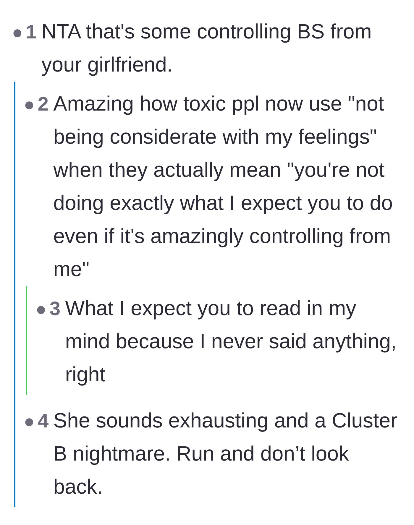 Comment thread 4 - Calling out how toxic partners weaponize the phrase 'considerate of my feelings.'