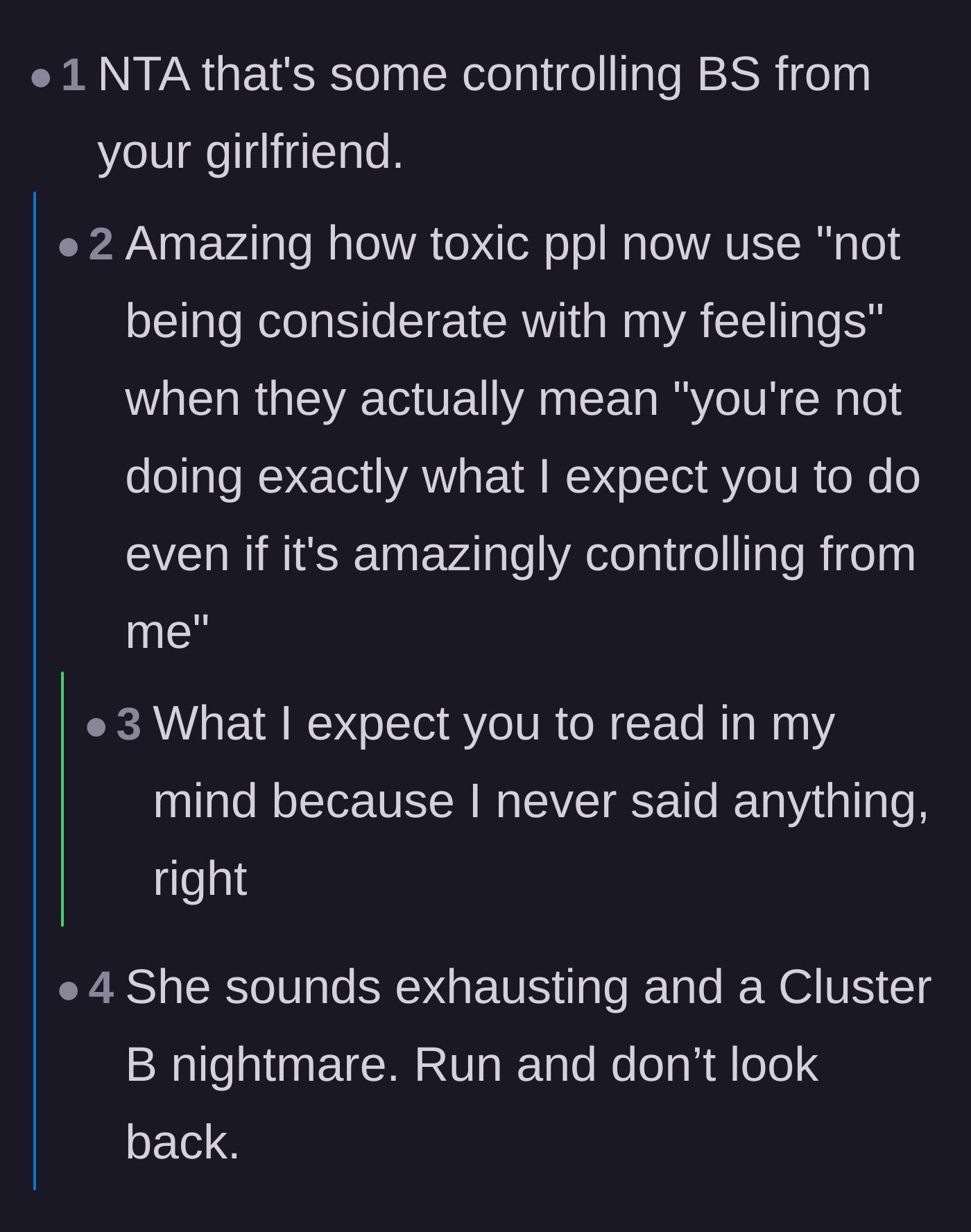 Comment thread 4 - Calling out how toxic partners weaponize the phrase 'considerate of my feelings.'