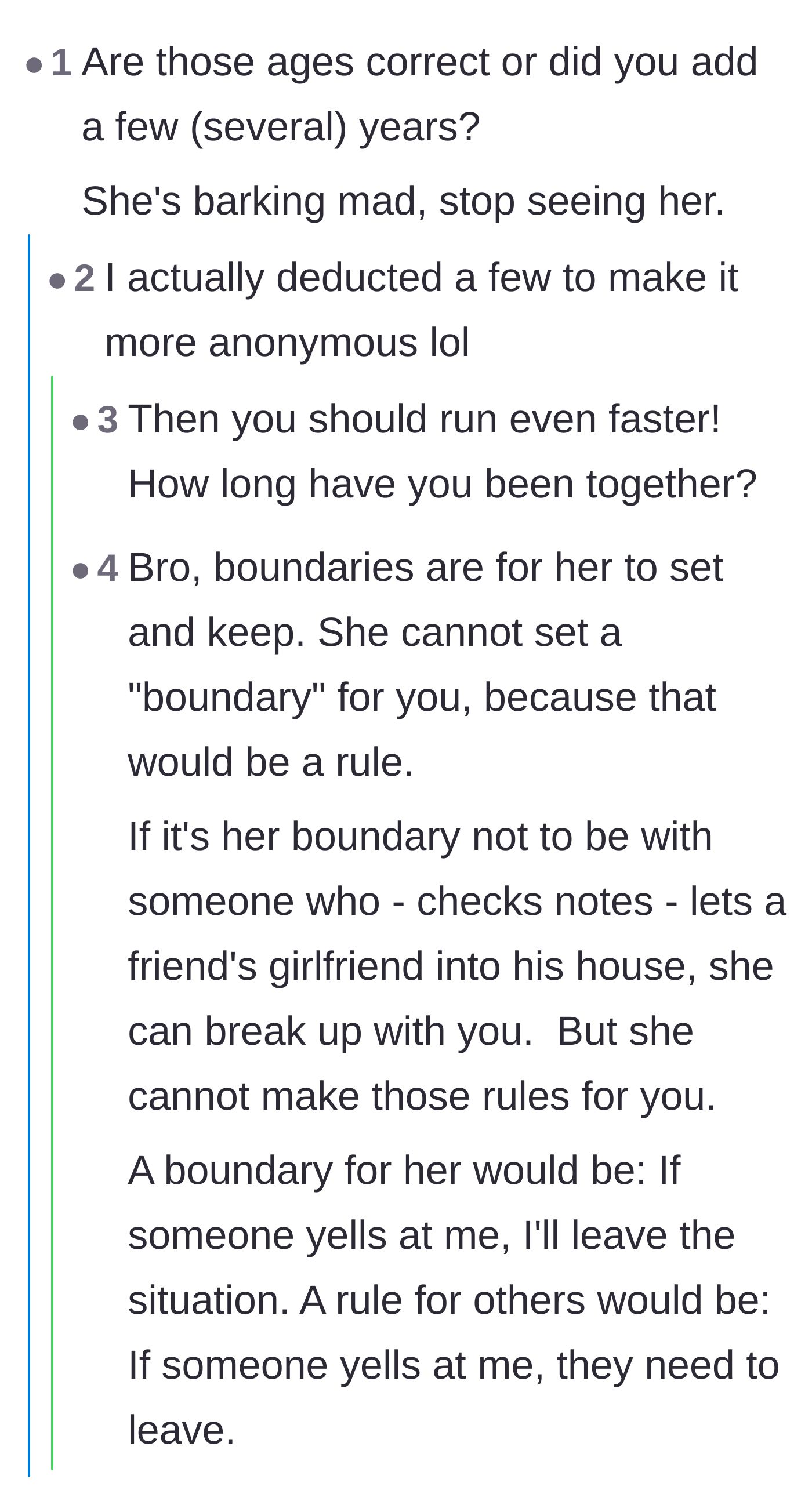 Comment thread 5 - The original poster revealing they are actually older than stated, and readers explaining the difference between boundaries and rules.