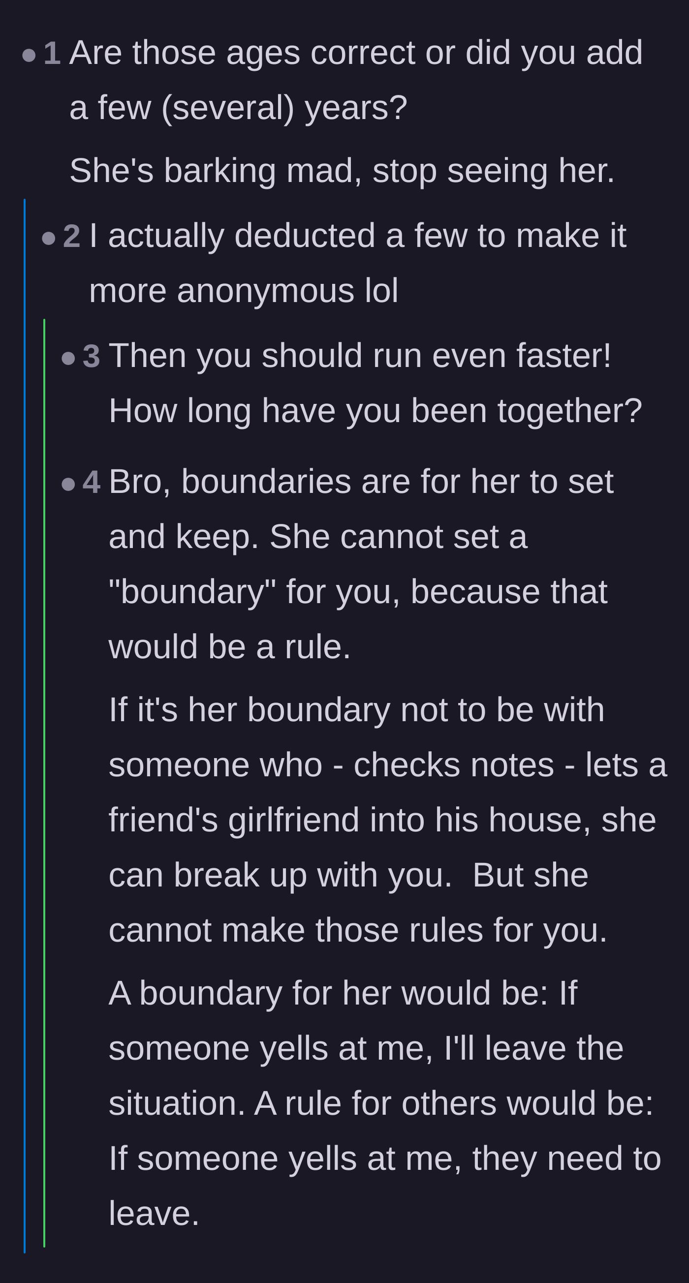 Comment thread 5 - The original poster revealing they are actually older than stated, and readers explaining the difference between boundaries and rules.