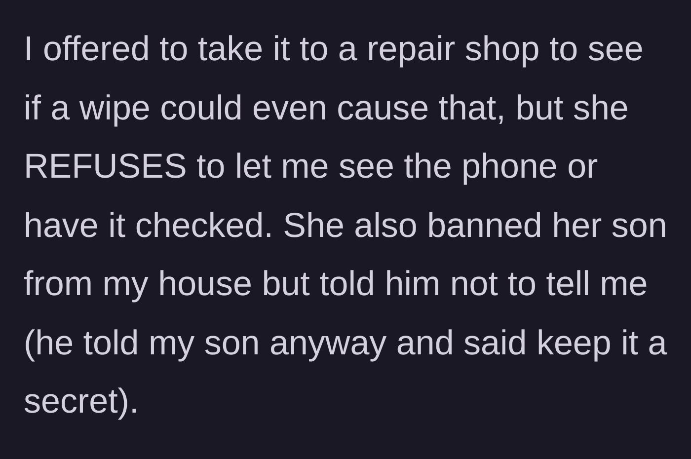 Story part 4 - The homeowner offers to pay for a repair shop assessment, but the other mother aggressively refuses and secretly bans her son from visiting.