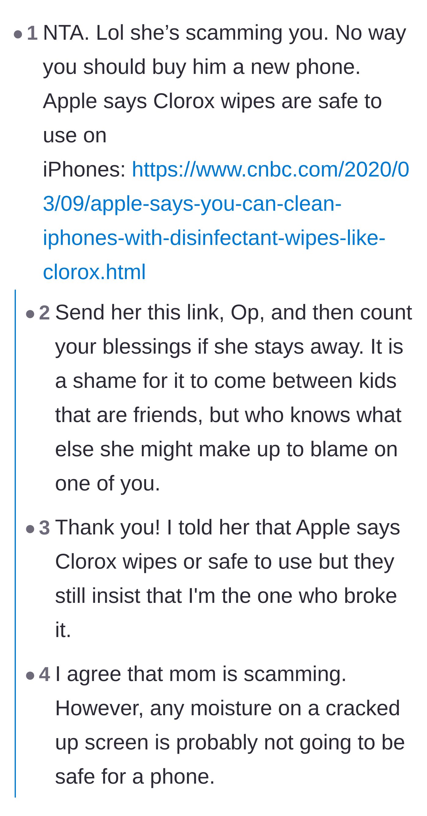Comment thread 1 - Readers sharing proof that Clorox wipes are safe for Apple products and calling out the mother's scam.