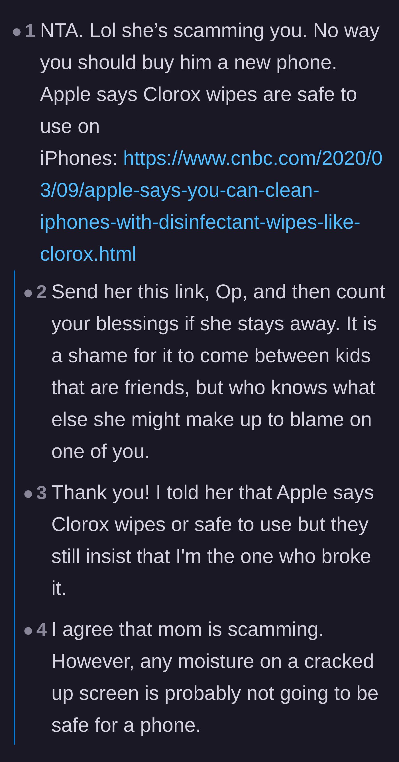 Comment thread 1 - Readers sharing proof that Clorox wipes are safe for Apple products and calling out the mother's scam.