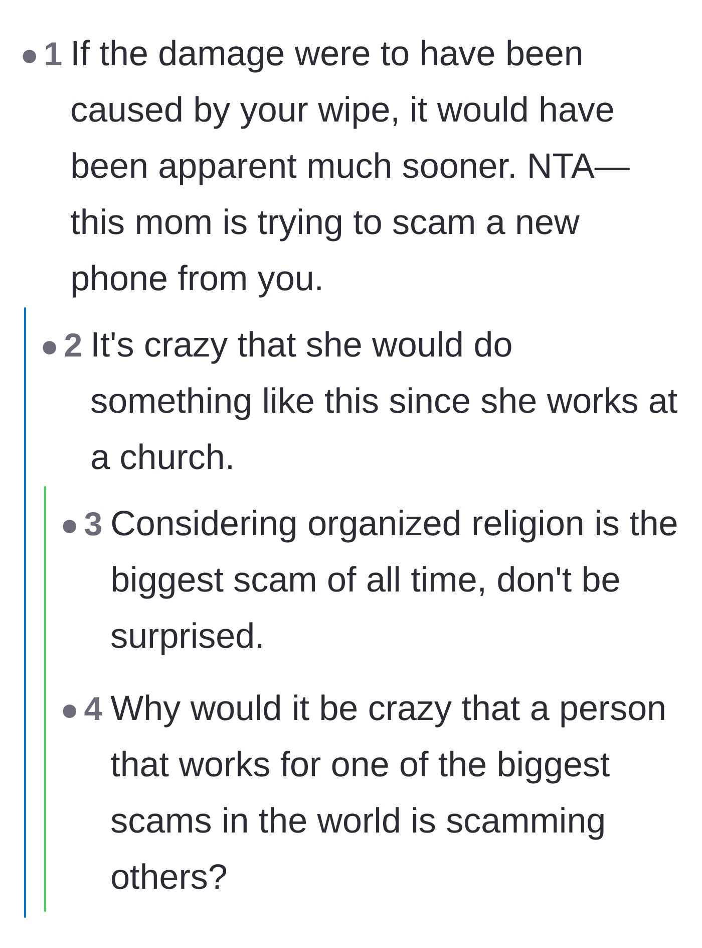 Comment thread 2 - Commenters discussing the delayed reaction of the broken phone and the irony of the mother working at a church.