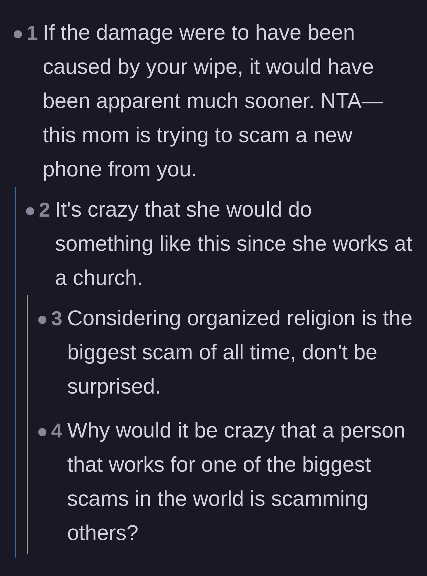 Comment thread 2 - Commenters discussing the delayed reaction of the broken phone and the irony of the mother working at a church.