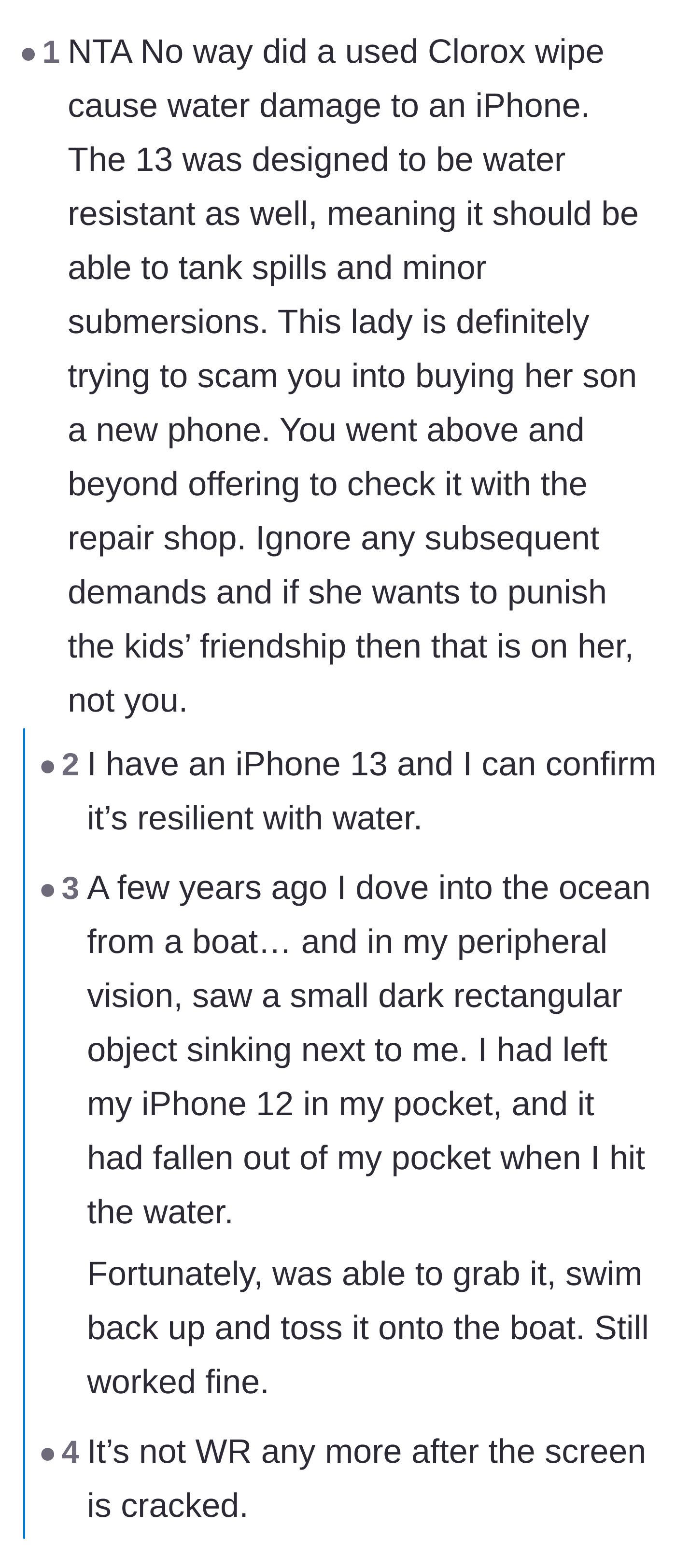 Comment thread 3 - Users sharing stories of surviving extreme water exposure with their iPhone 13s.