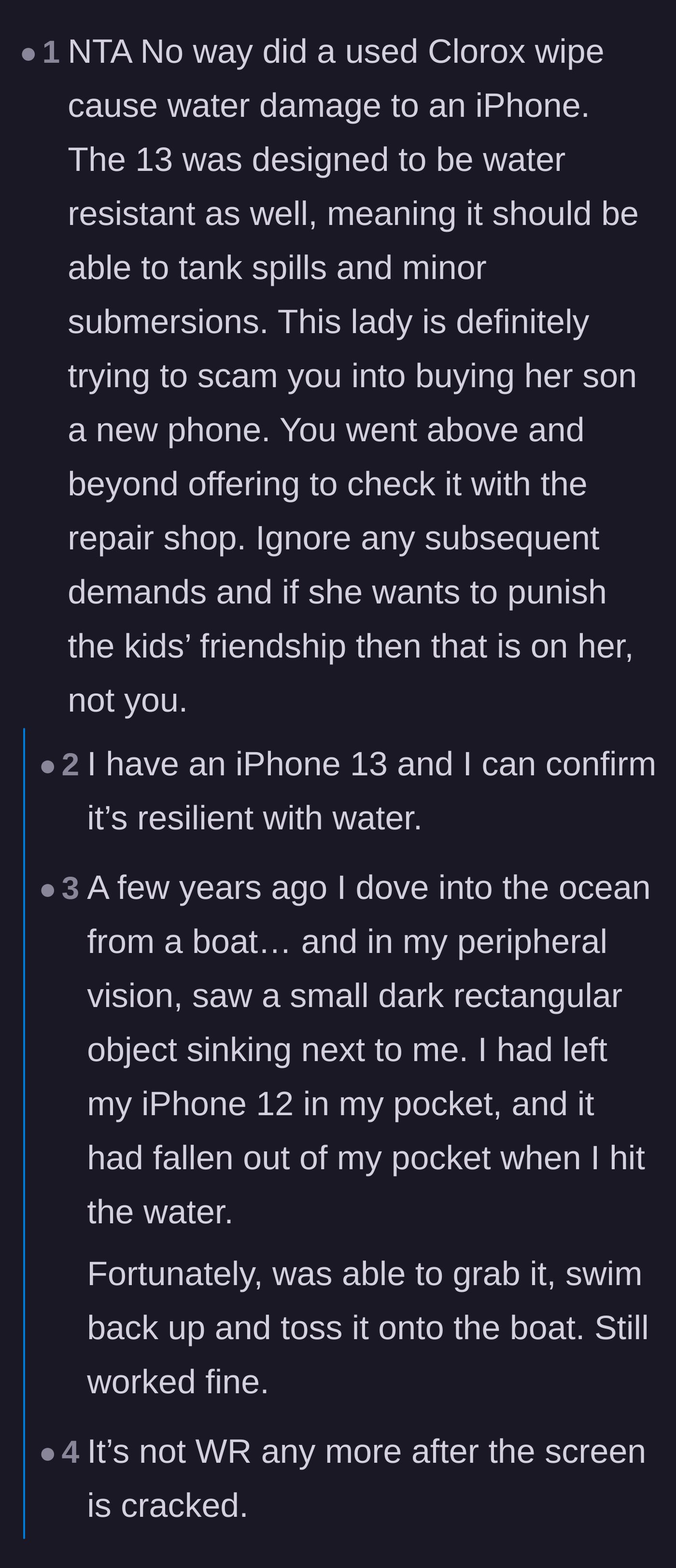 Comment thread 3 - Users sharing stories of surviving extreme water exposure with their iPhone 13s.