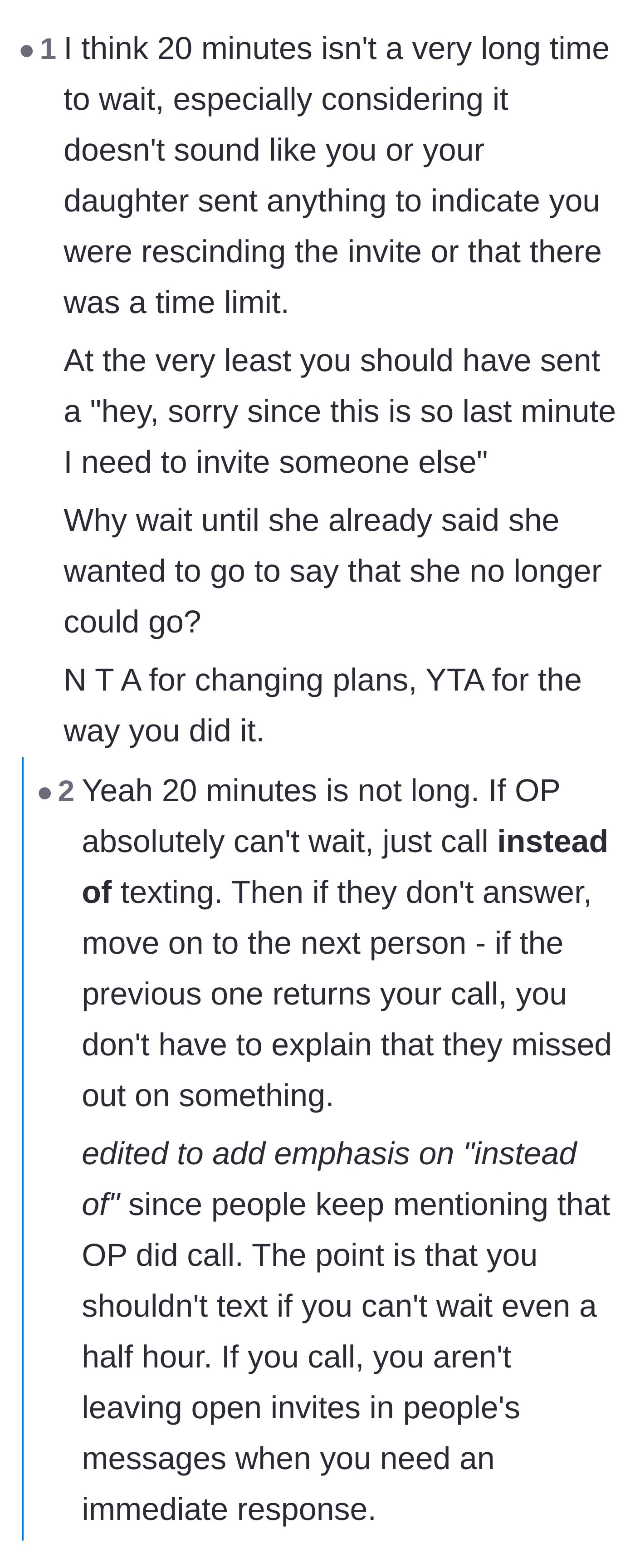 Comment thread 2 - A debate on whether texting or calling is the better move for last-minute invites to avoid FOMO
