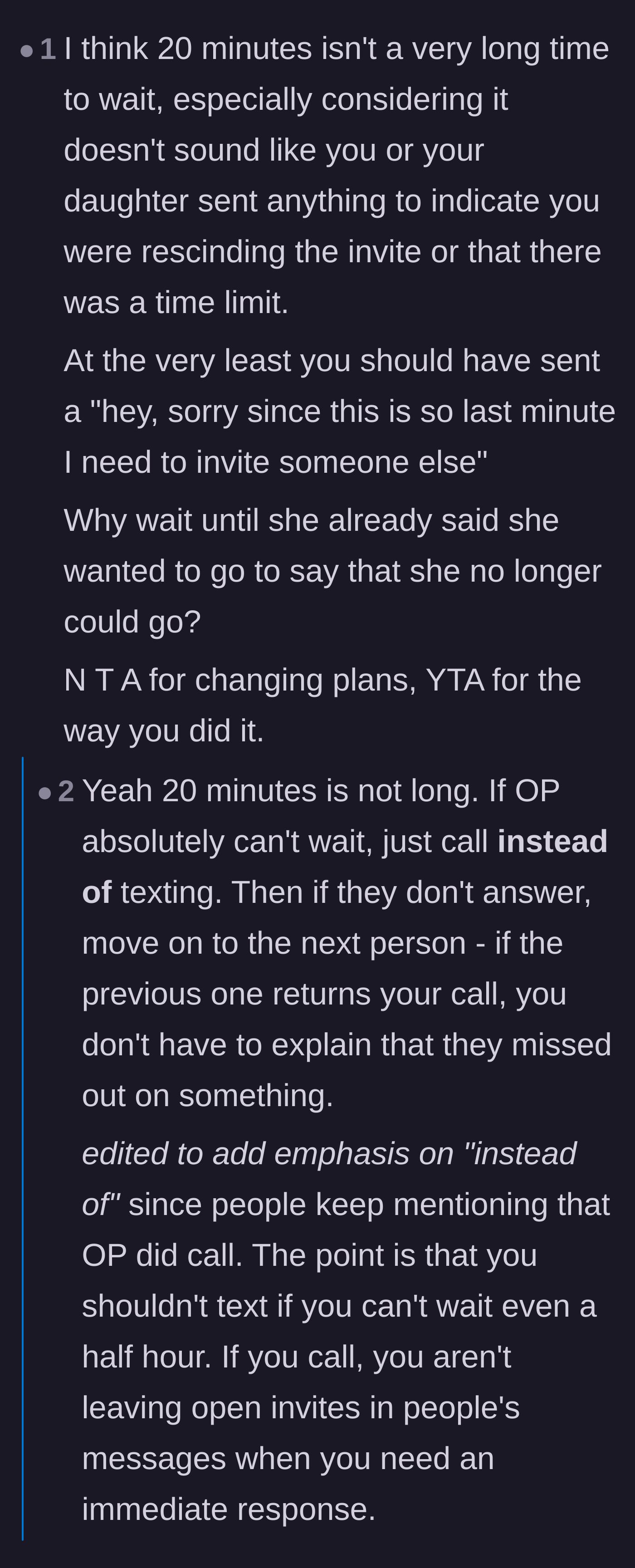 Comment thread 2 - A debate on whether texting or calling is the better move for last-minute invites to avoid FOMO