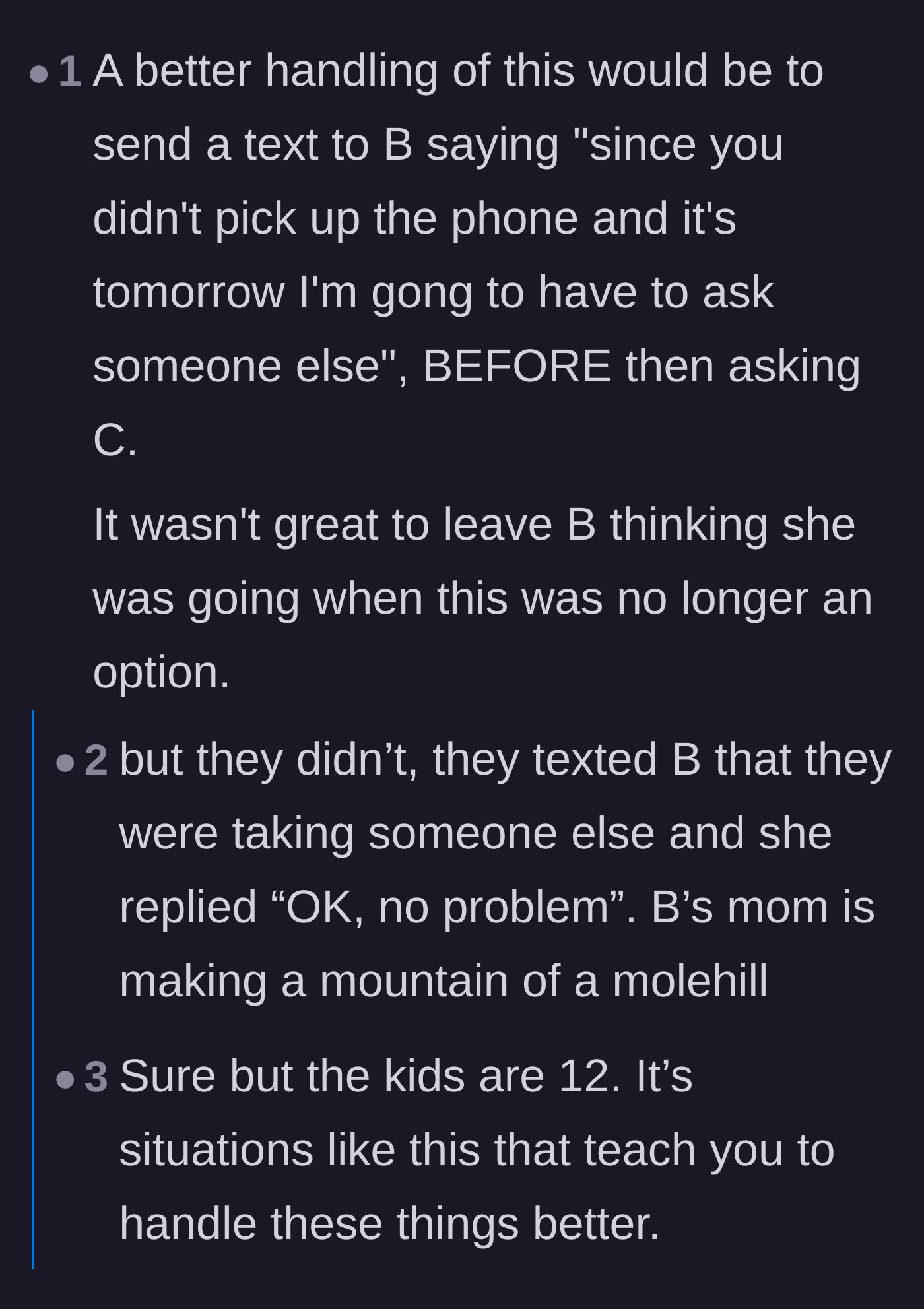 Comment thread 4 - Suggestions that the daughter should have sent a warning text before moving on to the next friend