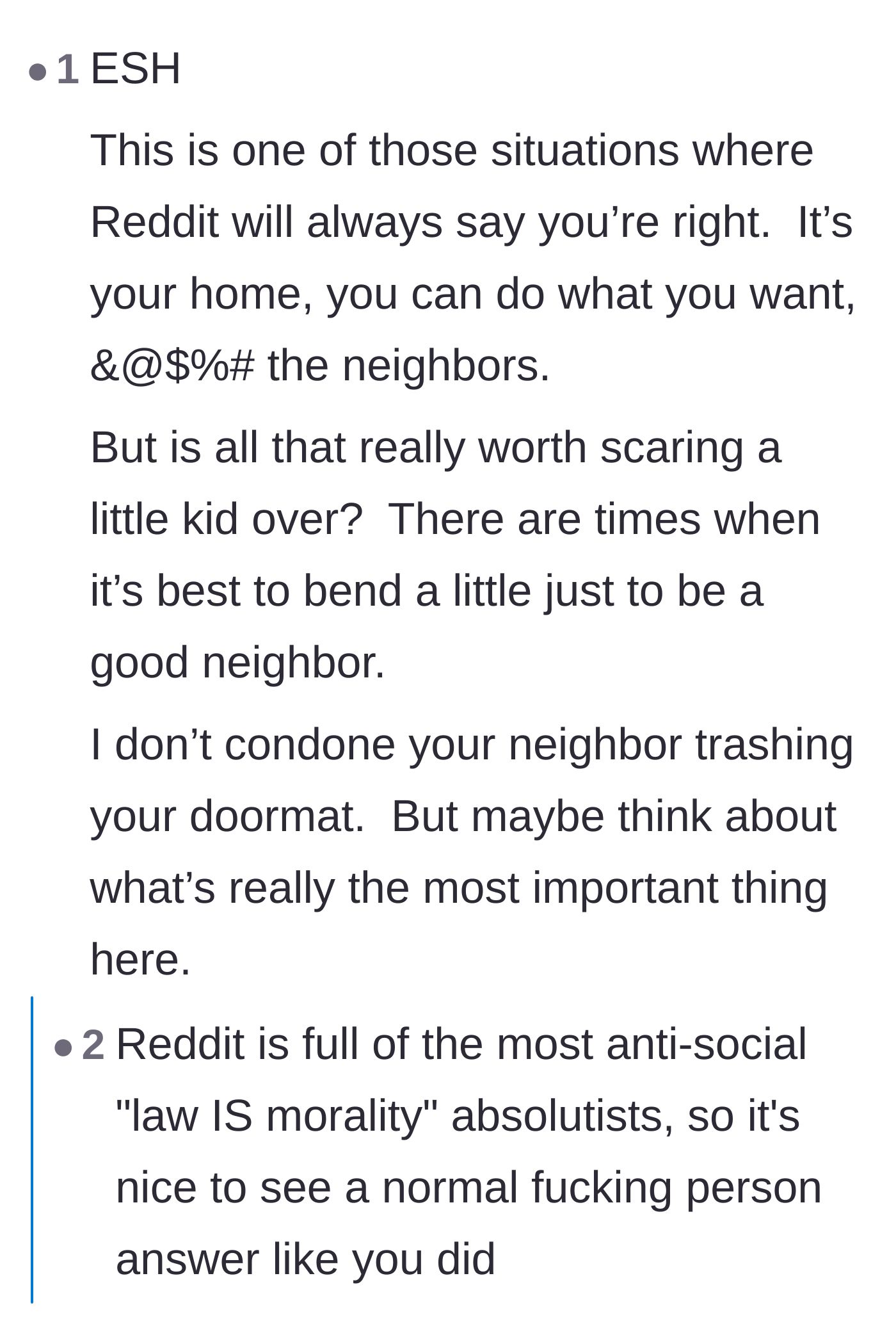 Comment thread 4 - A user criticizes the internet's tendency to prioritize absolute property rights over basic neighborly grace.