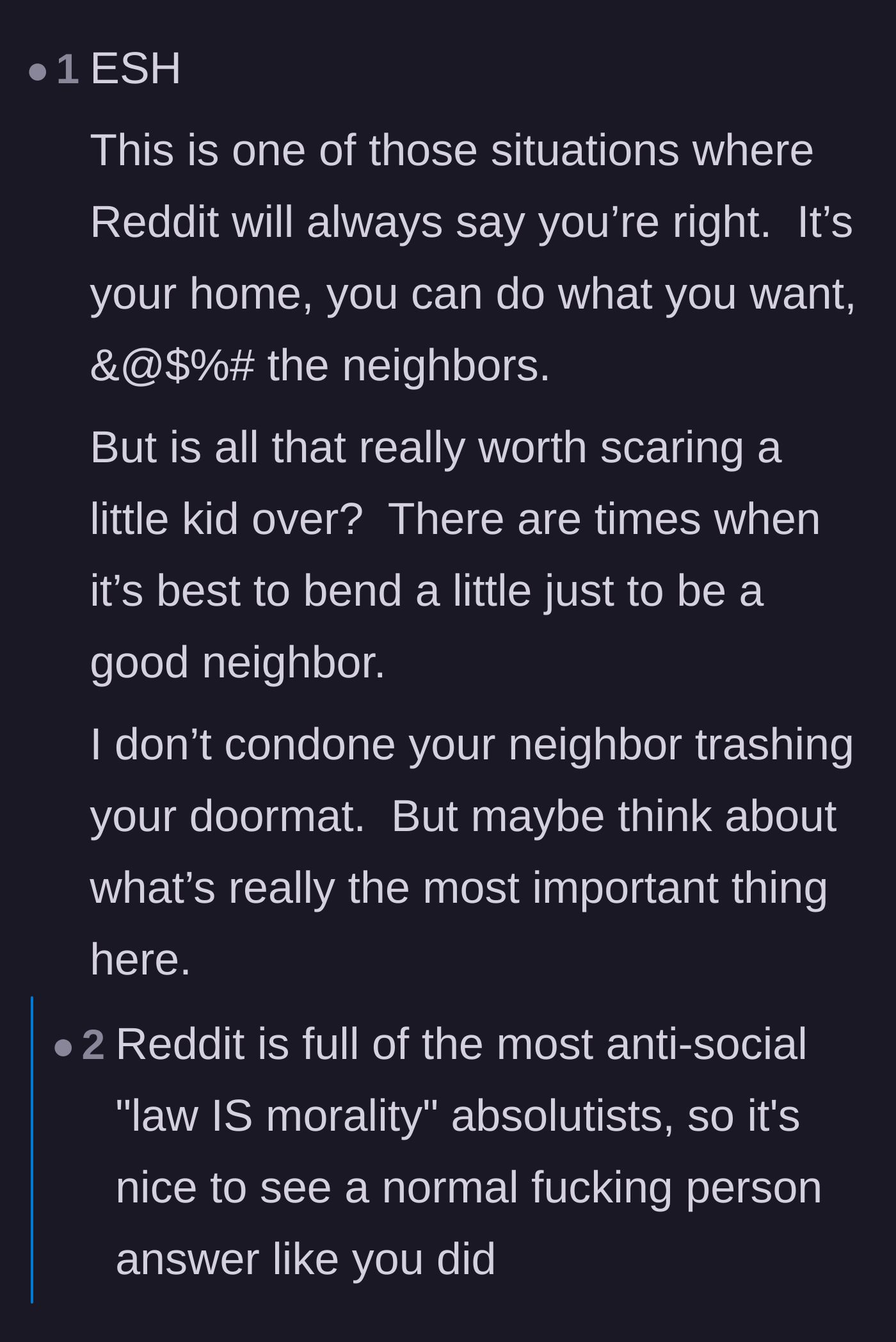 Comment thread 4 - A user criticizes the internet's tendency to prioritize absolute property rights over basic neighborly grace.