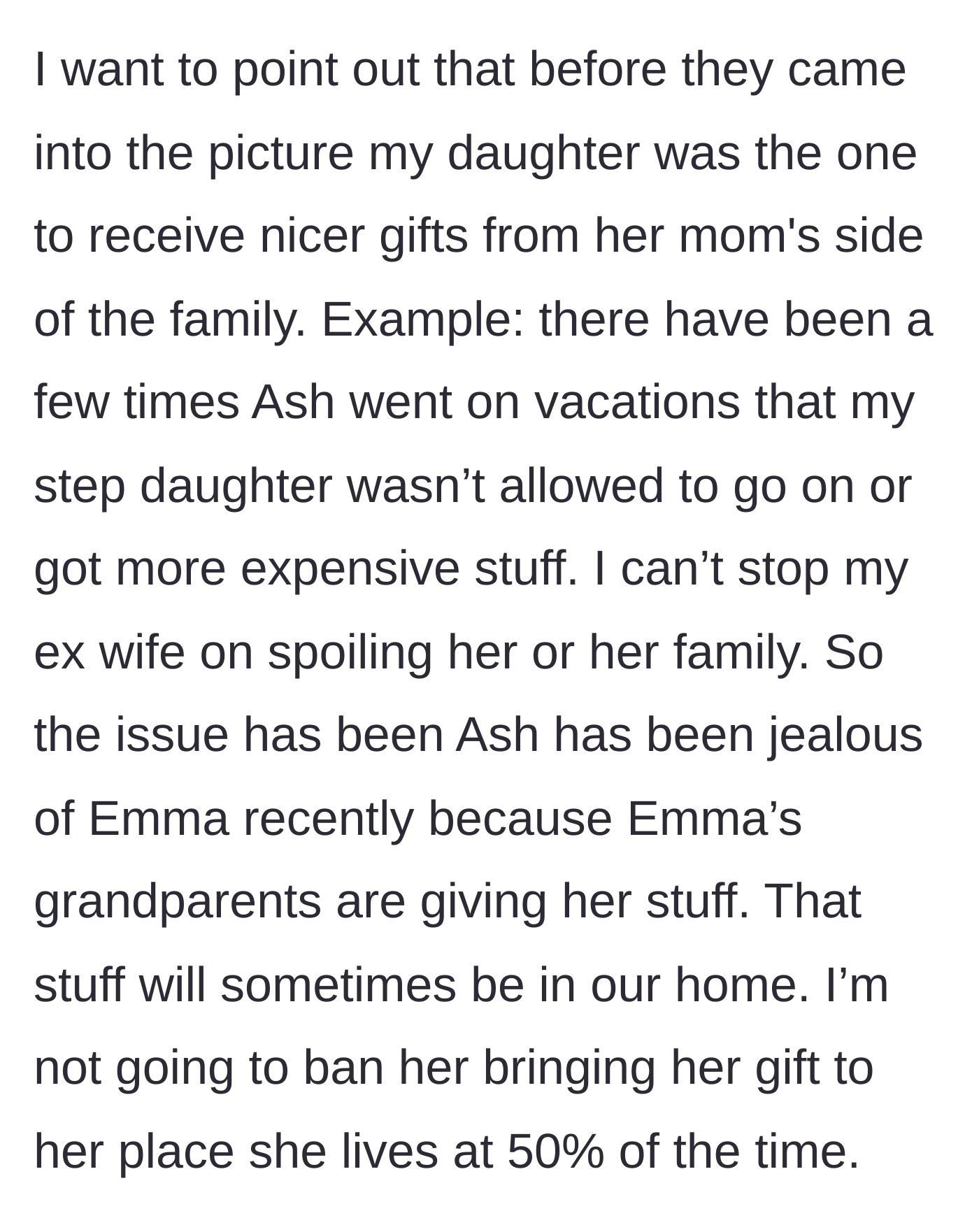 Story part 2 - The father details how his own daughter used to receive expensive gifts from her mother's side, creating a hypocritical double standard.