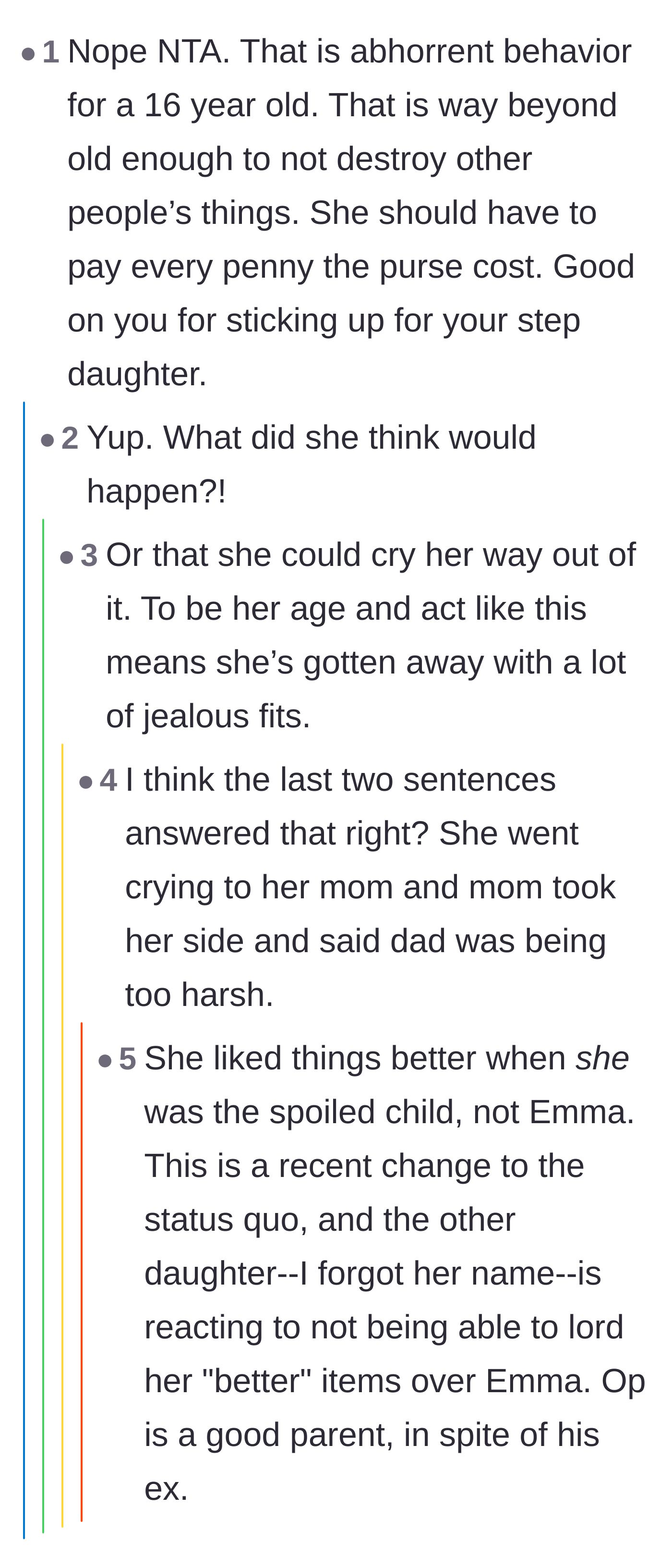 Comment thread 3 - Analyzing how the daughter's reaction stems from losing her status as the spoiled favorite in the household.