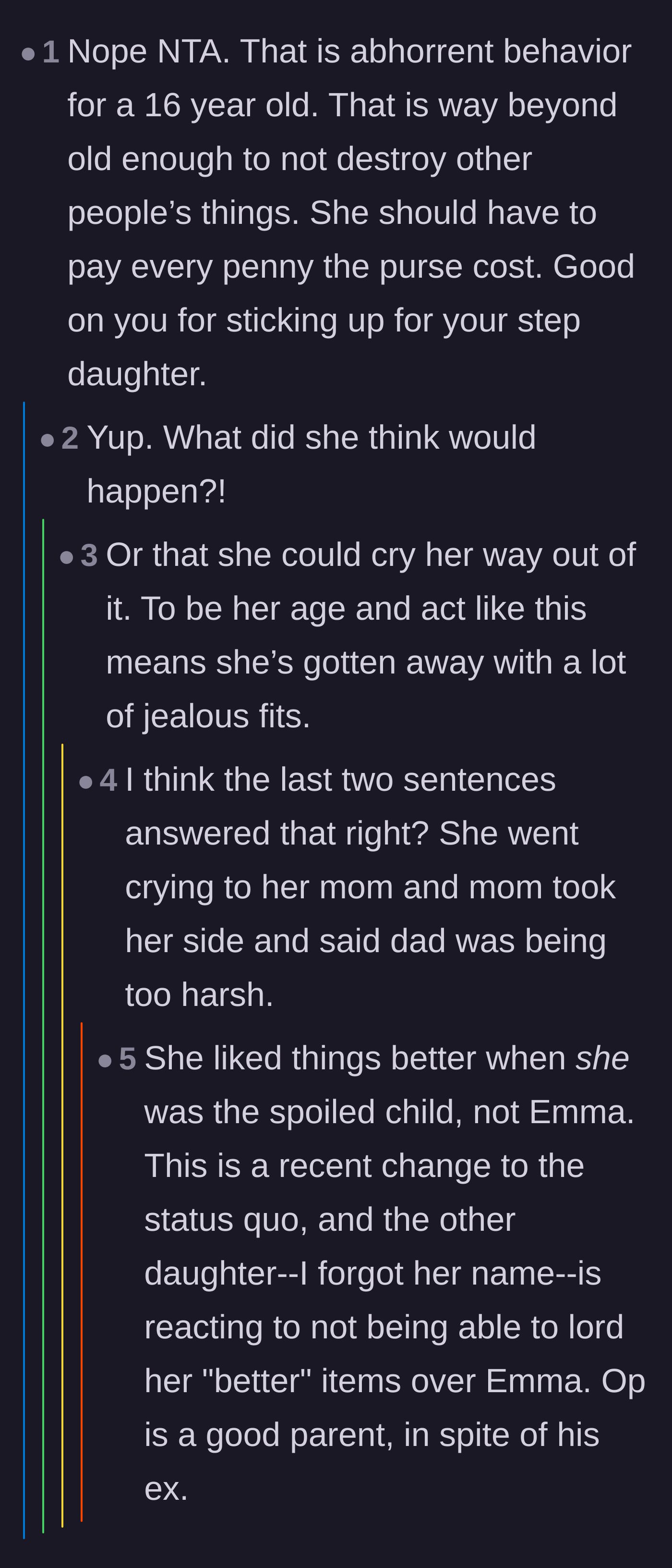 Comment thread 3 - Analyzing how the daughter's reaction stems from losing her status as the spoiled favorite in the household.