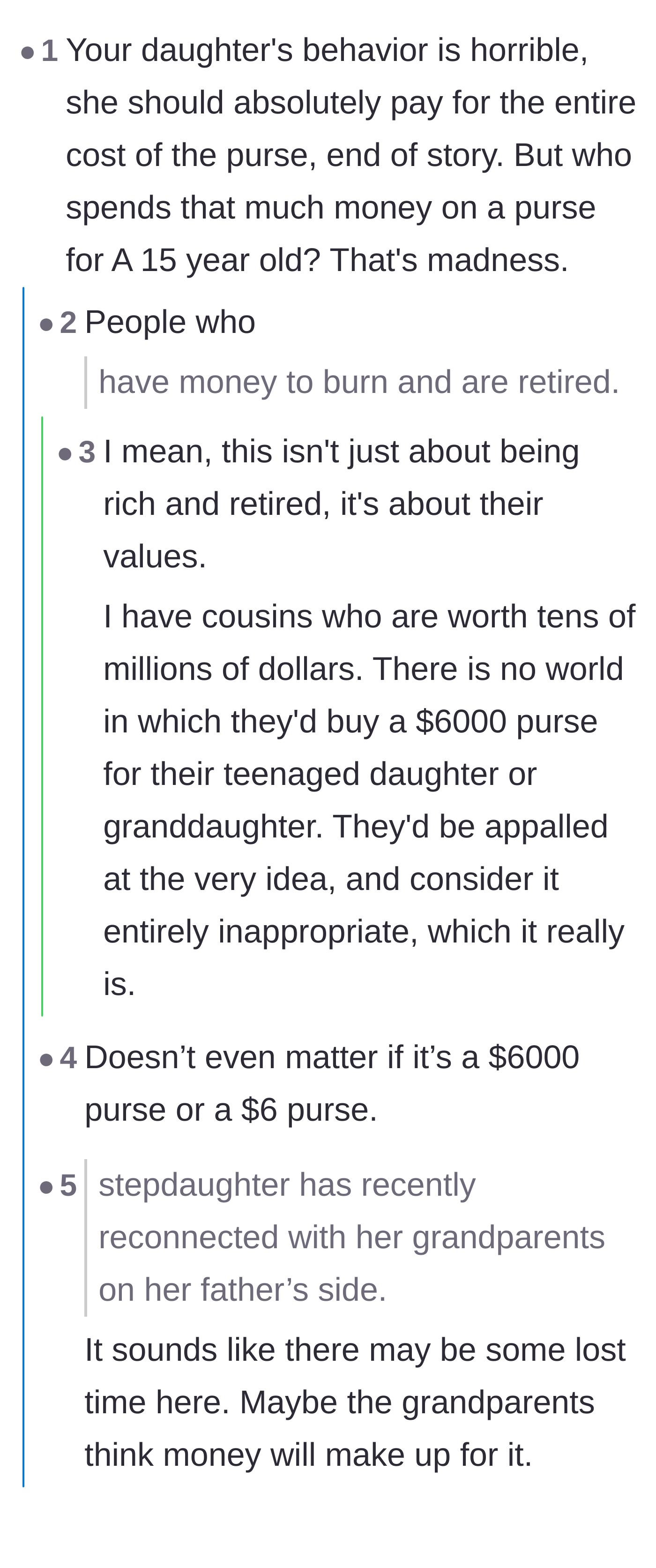 Comment thread 5 - Debating the sheer absurdity of gifting a 15-year-old a $6,000 purse, regardless of who is at fault for its destruction.
