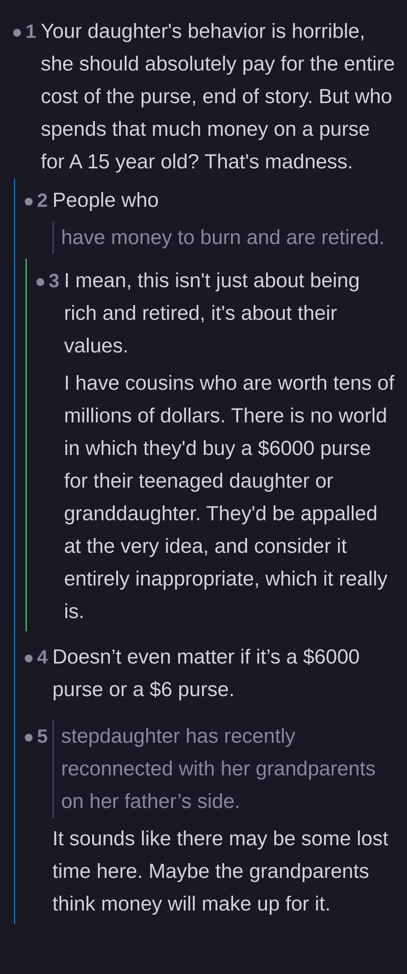 Comment thread 5 - Debating the sheer absurdity of gifting a 15-year-old a $6,000 purse, regardless of who is at fault for its destruction.