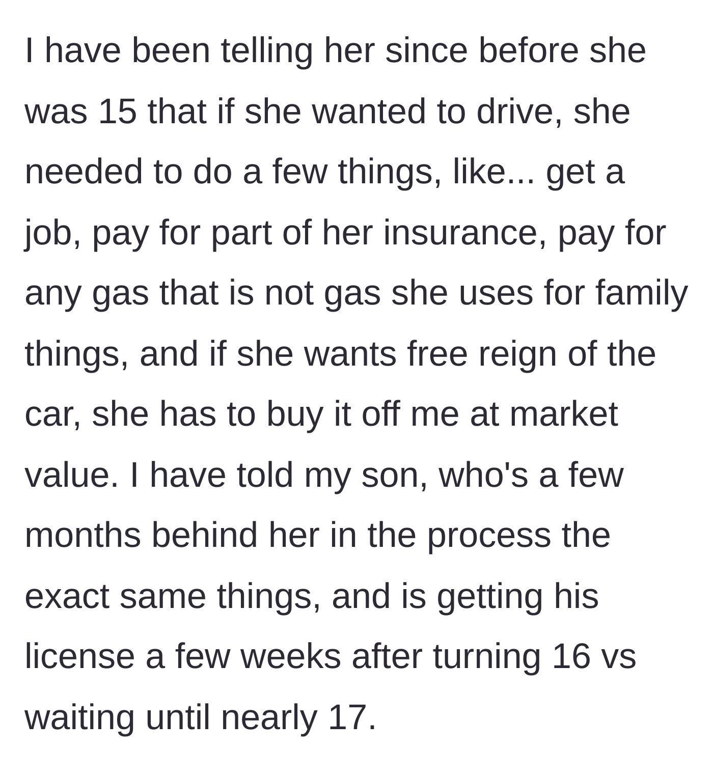 Story part 2 - The parent outlines the clear, equal requirements for both kids to earn independent driving privileges.