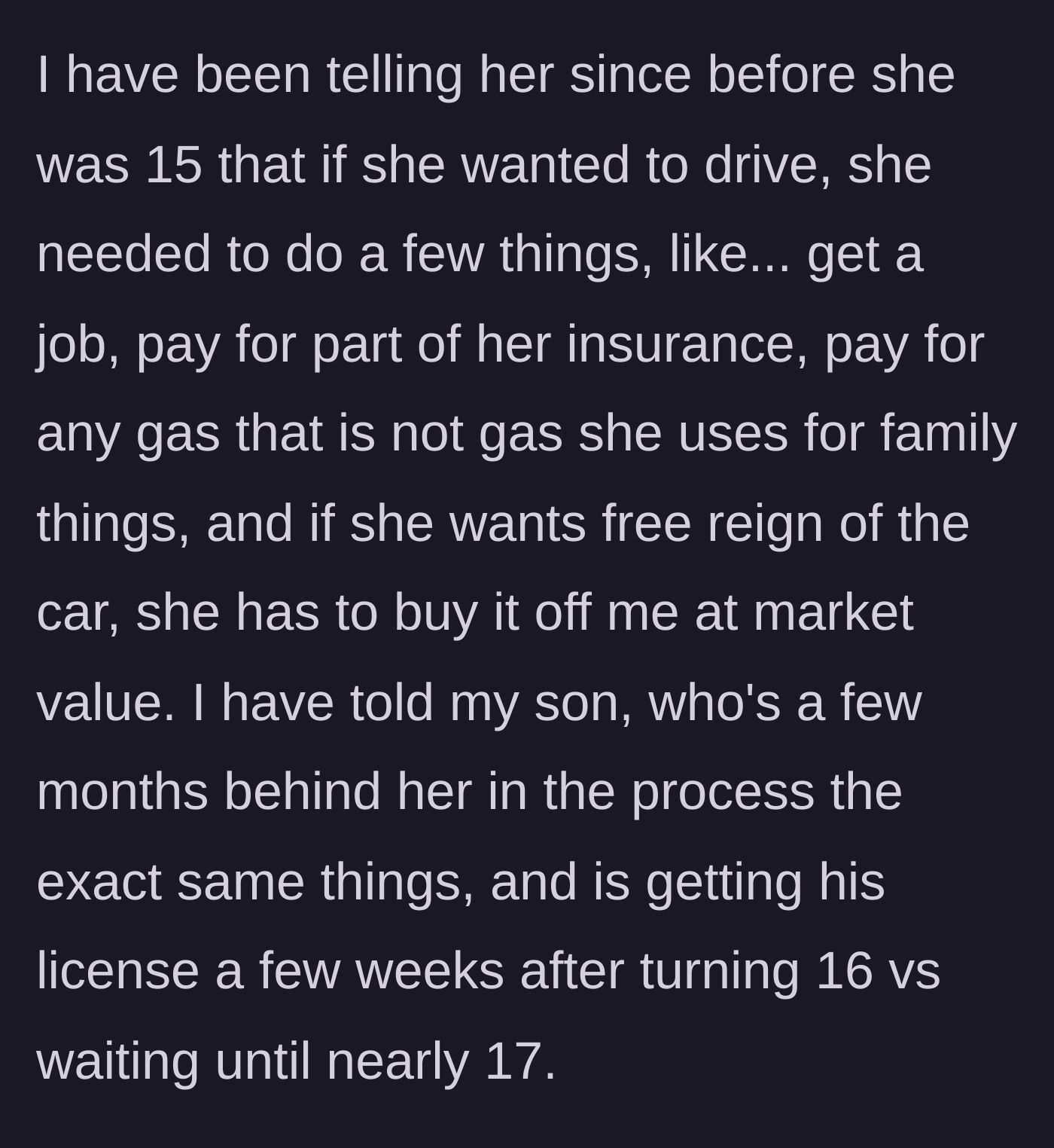 Story part 2 - The parent outlines the clear, equal requirements for both kids to earn independent driving privileges.