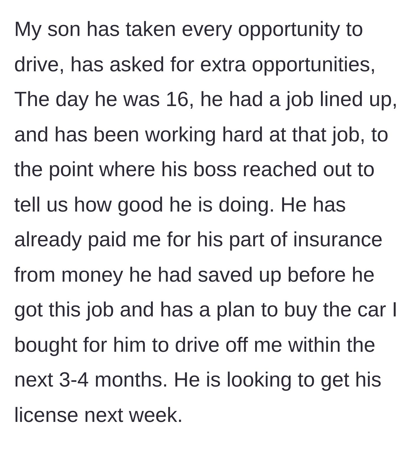 Story part 5 - The son's proactive approach is shown, highlighting his new job and financial contributions.