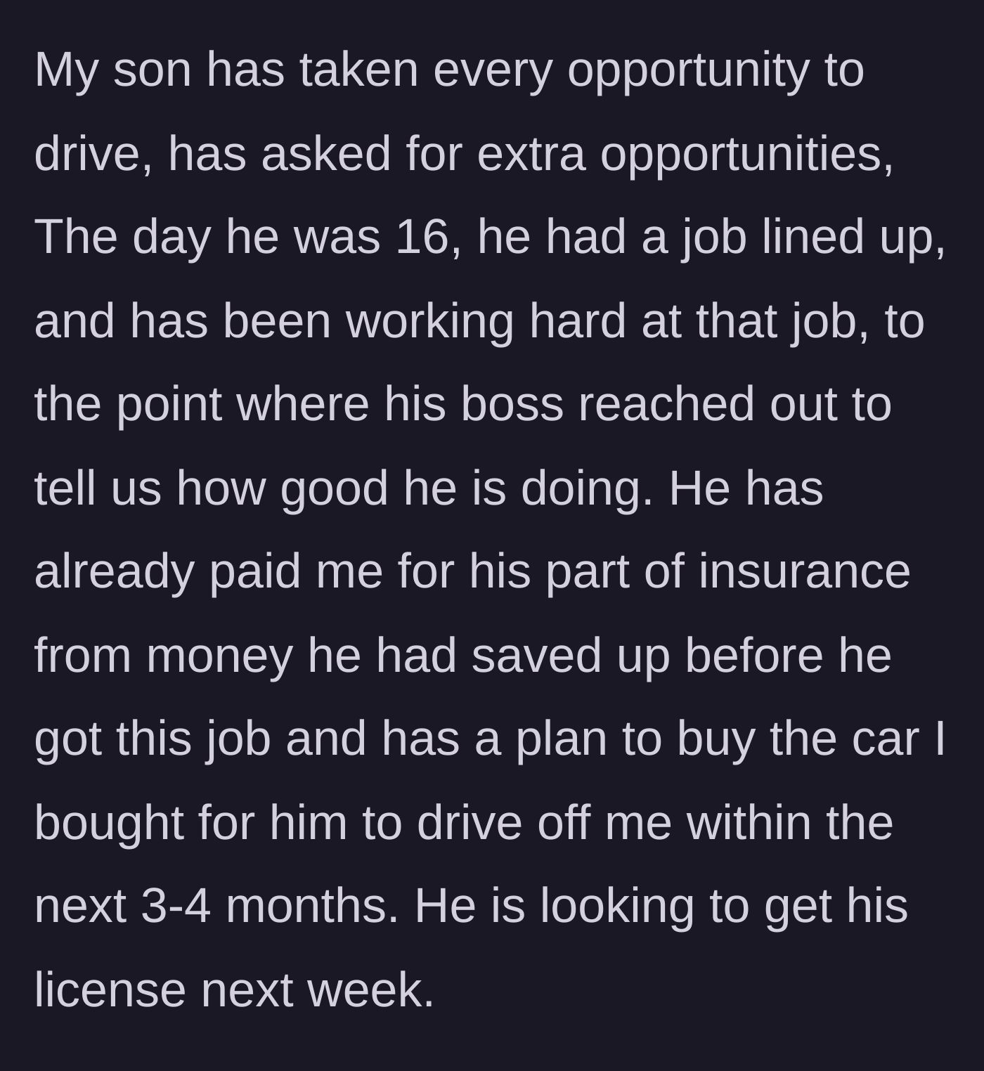 Story part 5 - The son's proactive approach is shown, highlighting his new job and financial contributions.